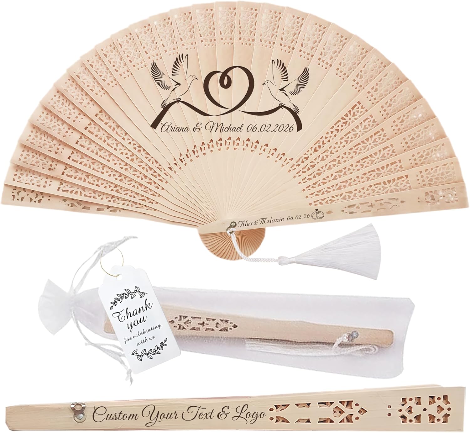 Personalized Wedding Fans for Guests Custom Wooden Folding Hand Fans Bulk Personalized Hand Fans Wedding Favors with Organza Bags & Tassels Custom Fans for Wedding Bridal Shower Party Gifts (50)
