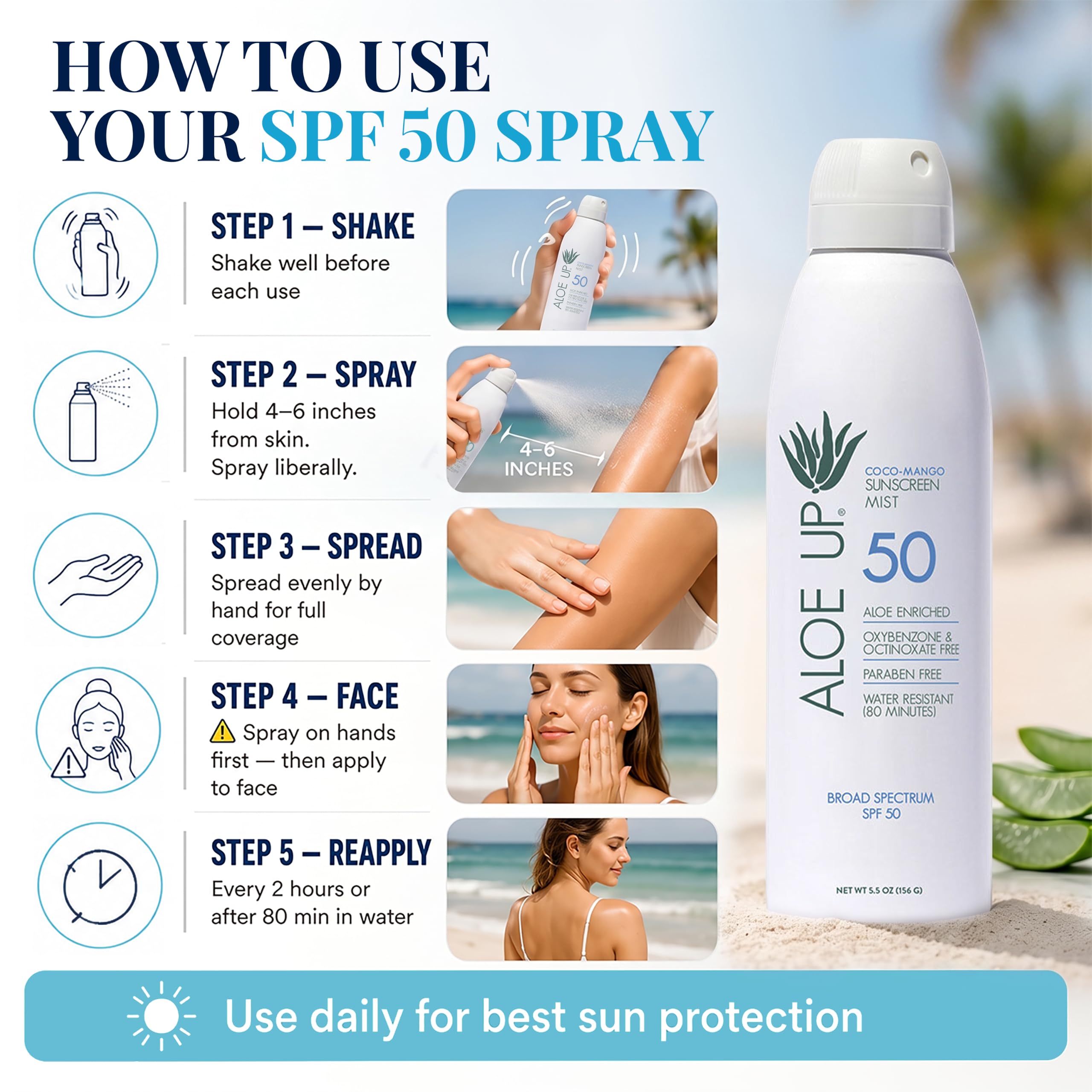 Aloe Up Produkty do pielęgnacji słońca i skóry White Collection SPF 50 Continuous Spray Sunscreen, White, Coconut-Handle, 6 Fluid Ounce by Aloe Up Sun & Skin Care Products