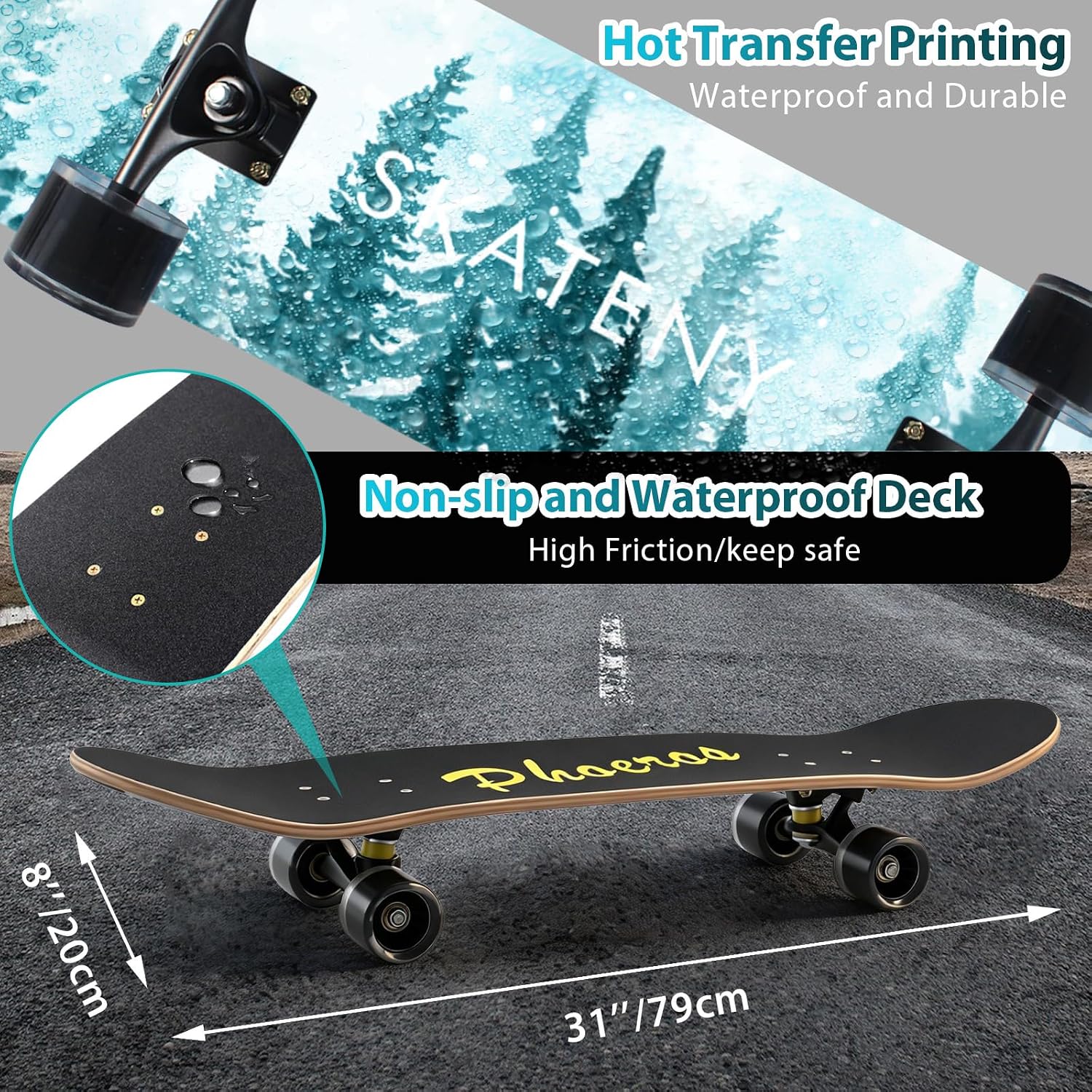 PHOEROS Complete Skateboards- Standard Skateboards for Beginners Kids Boys Girls Teenager- 31''x 10''Canadian Maple Cruiser Pro Skate Board, Skateboards