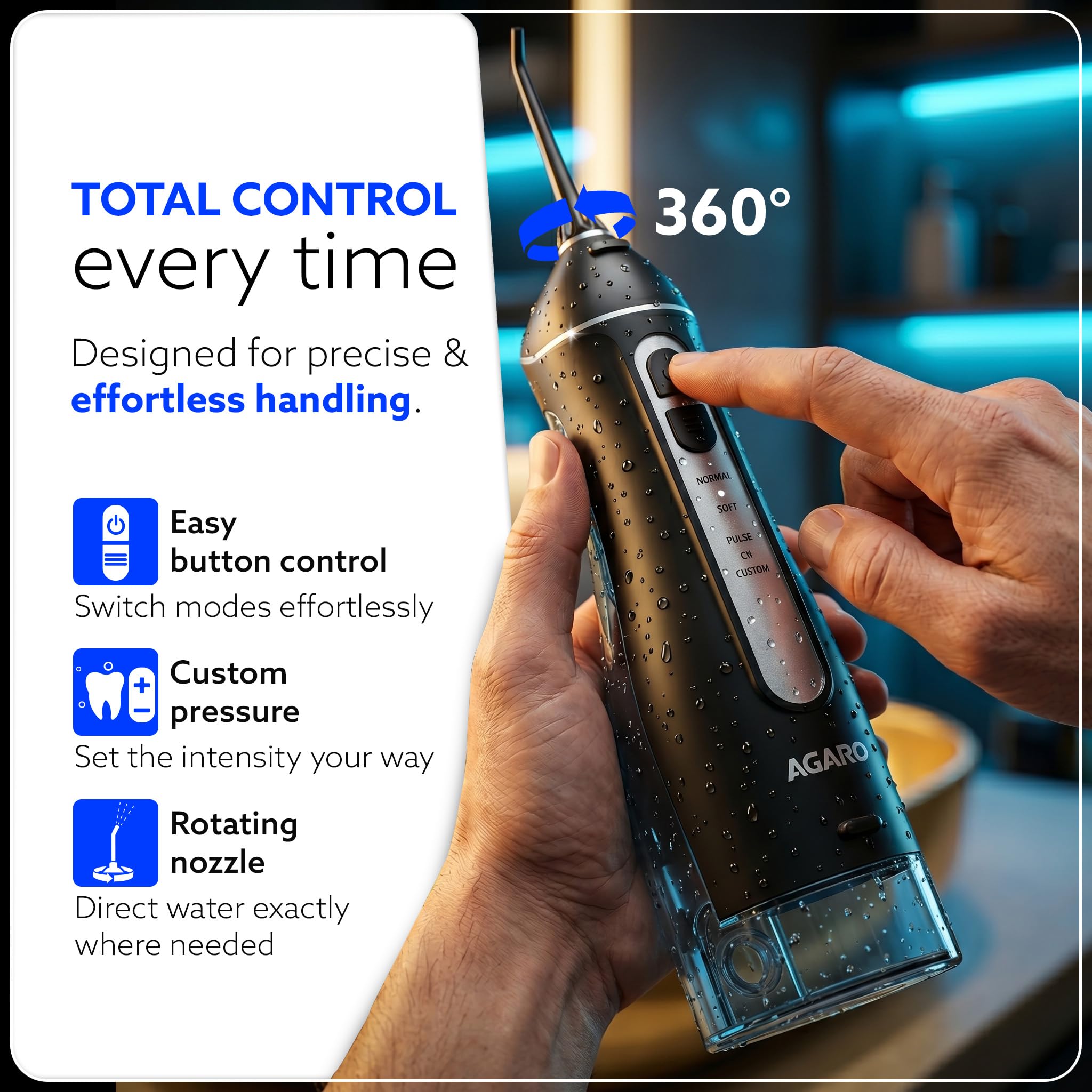 AGARO Ultra Dental Flosser for teeth, 5 Nozzles, Portable,Cordless & Rechargeable,4 Cleaning Modes,IPX7 Waterproof with 300ml Watertank, Flossing at Home & Travel,Oral Flosser,Oral Irrigator 2