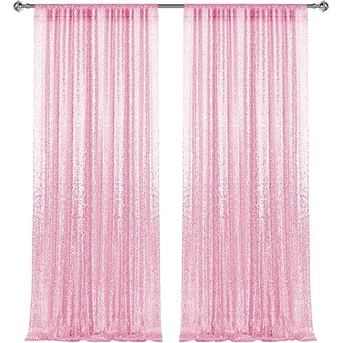 2×8FT-2PCS Pink Sequin Backdrop Curtains Panels, Photography Backdrop Glitter Curtains Fabric Background for Christmas Wedding Party Decor