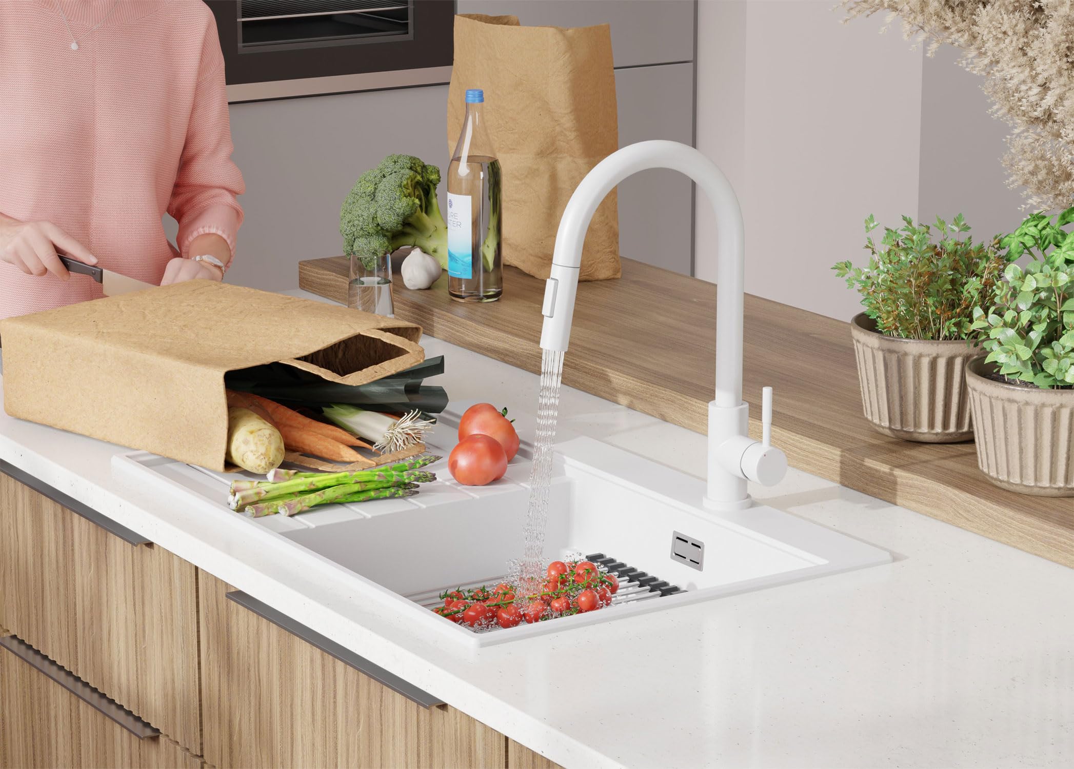 PRIMAGRAN Evier Cuisine en Granit Blanc 78x50cm, Lavabo 1 bac + Kit de Vidage, Évier à Encastrer au Meuble 50cm - Sydney S293
