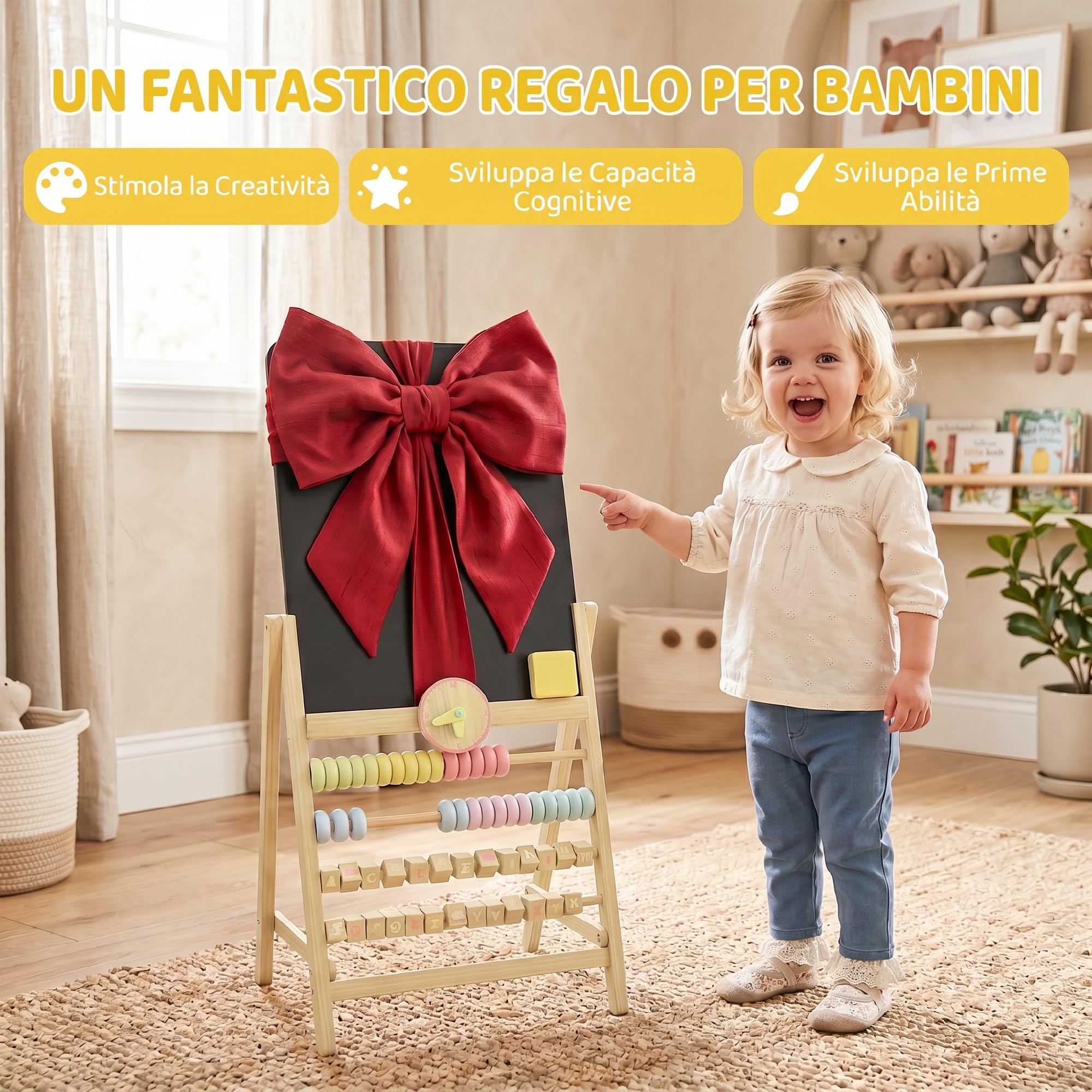 AIYAPLAY Lavagna per Bambini Doppia Facciata in Legno 2+ Anni Color Legno | Cancellabile, Lavagnetta Bambini in Legno con Cavalletto, Orologio Removibile, Abaco Integrato, Cancellino