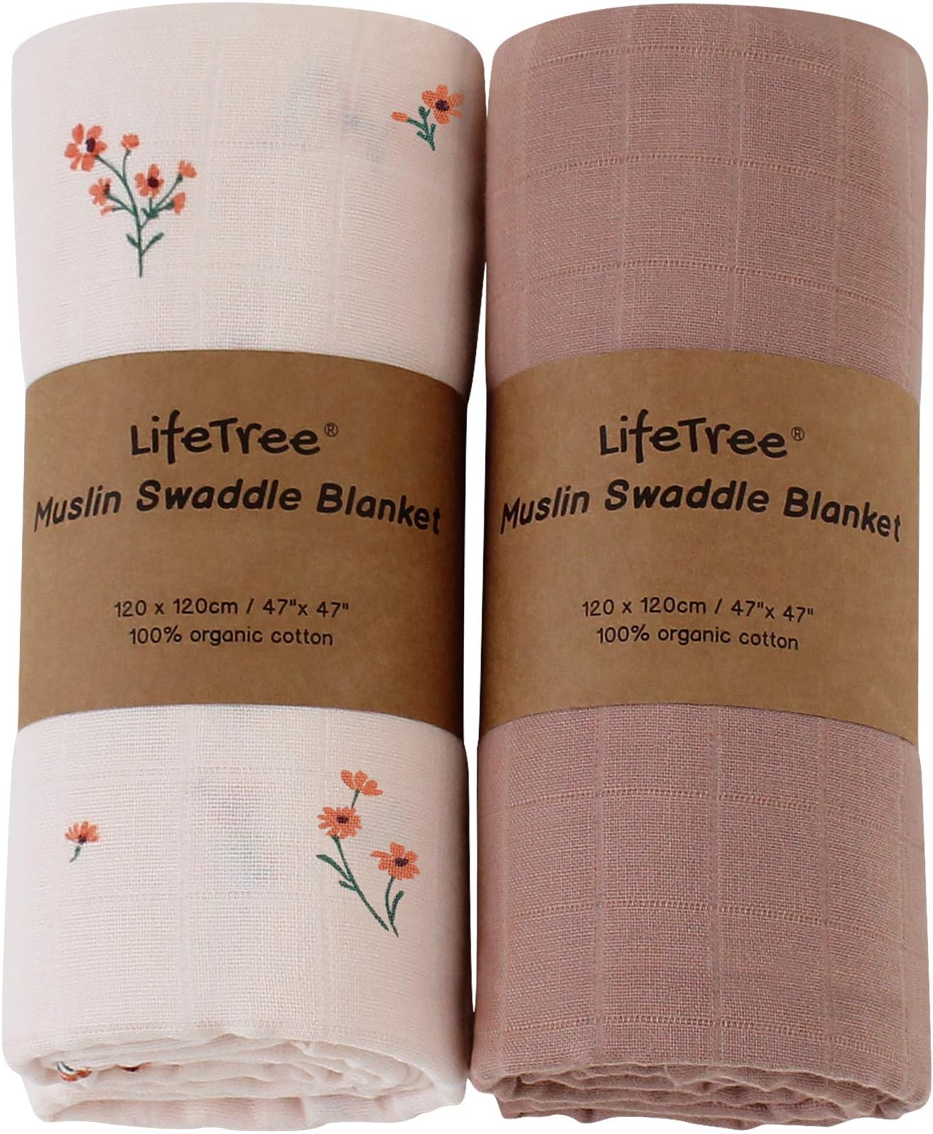 LifeTreeBaby Girl Swaddle Blankets, Muslin Swaddling Wrap Receiving Blanket for Newborn, Organic Cotton, Large 47 x 47 inches, Solid Color/Flower Print