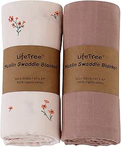 LifeTree 2 Pack Copertine in Mussola | 100% Cotone Biologico 120 x 120 cm | Morbido Unisex Copertine Avvolgenti | Regalo Perfetto per il Bambino