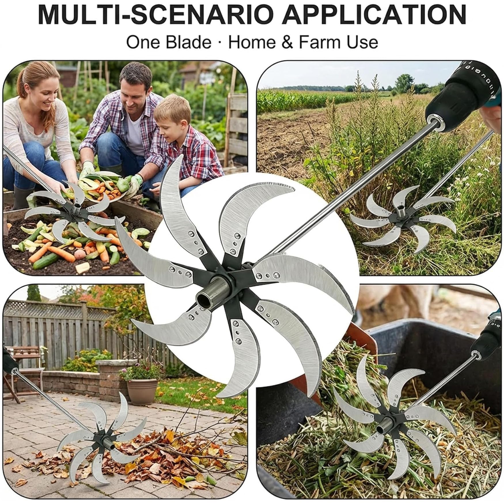 Juego de cuchillas de trituración de hierba para uso doméstico y agrícola ajustable, 4/6 cuchillas de acero inoxidable para cortar verduras y hierba para agricultores, diseño de 12 agujeros de montaje