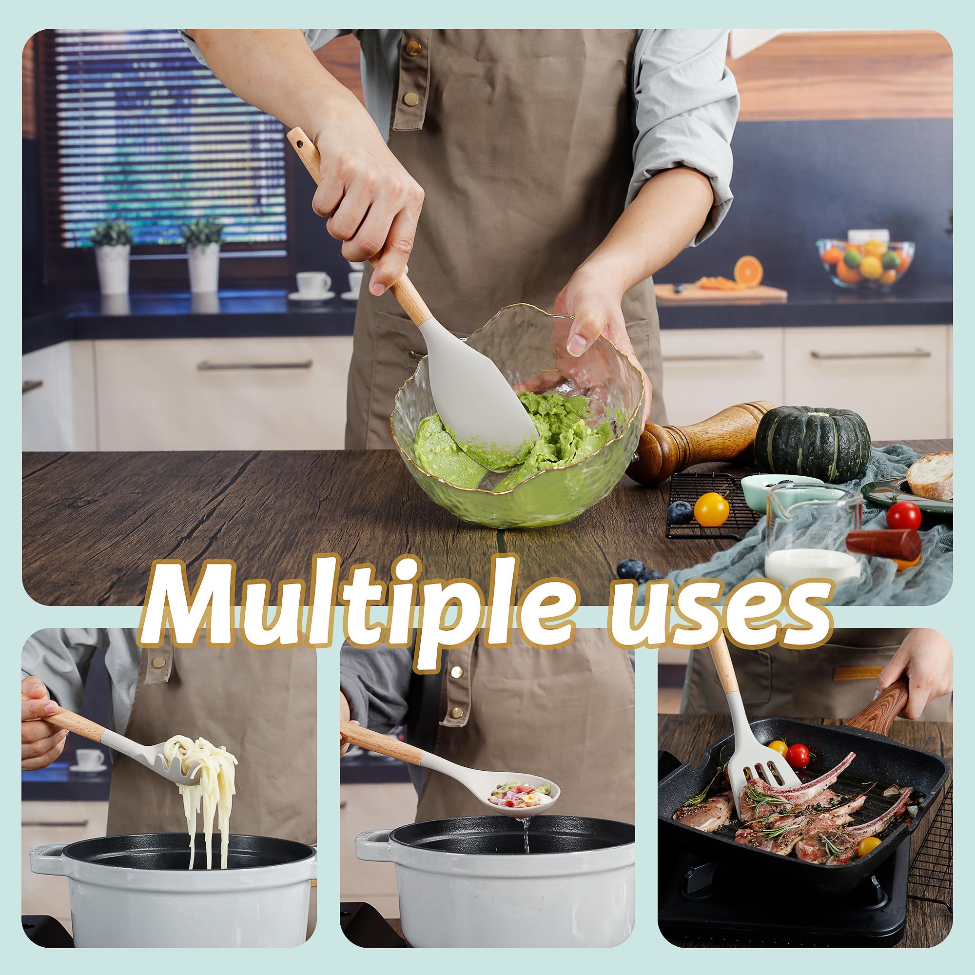 QMVESS Lot de 35 ustensiles de cuisine en silicone antiadhésifs avec poignée en bois robuste - Accessoires de cuisine pour la cuisine avec spatule et cuillères - Kaki