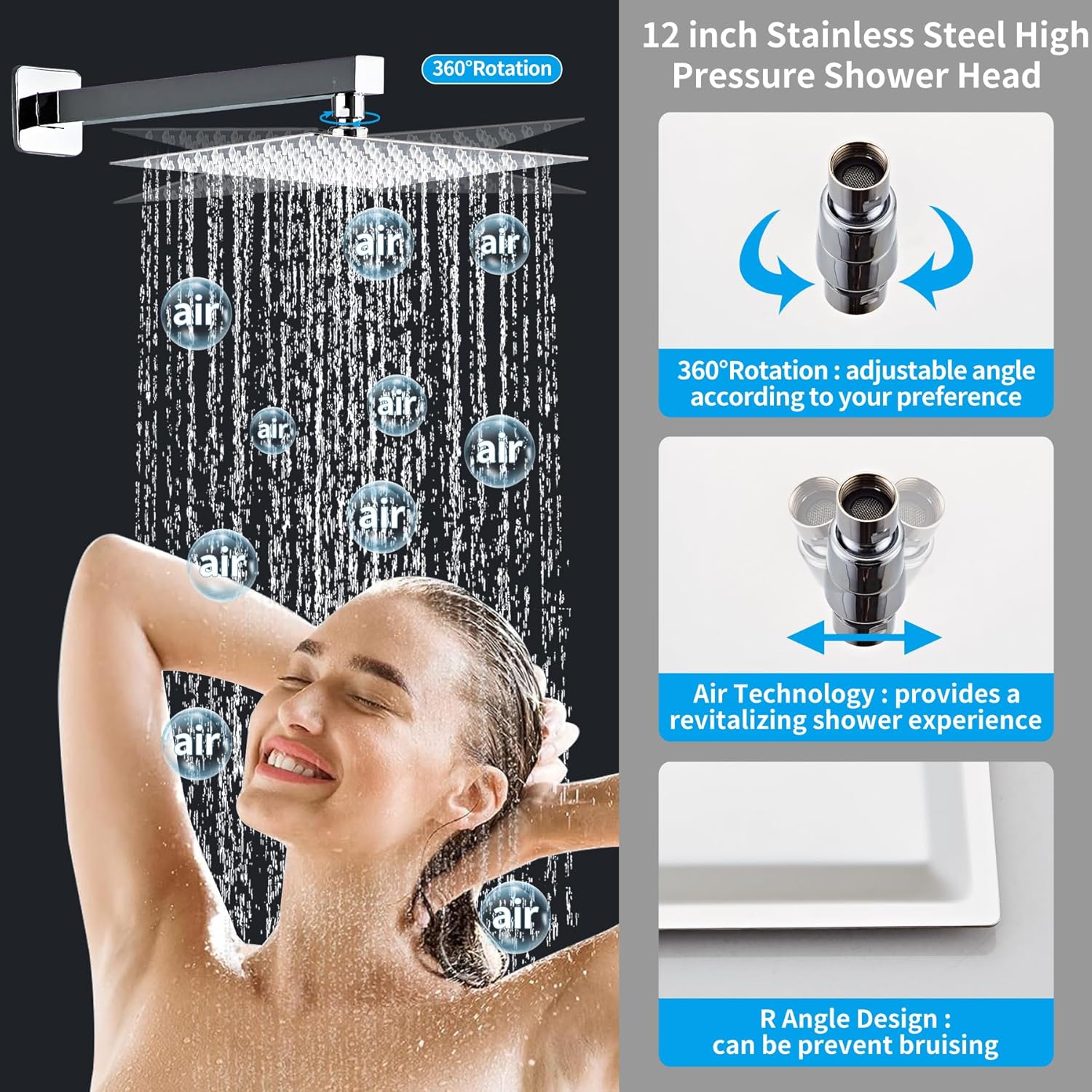 12inch Polished Chrome Shower System with Tub Spout, Shower Faucet Set with Rain Shower Head and Handheld 3-Setting, Waterfall Bathtub Spout Rainfall Shower Combo Set for Bathroom Wall Mounted - Image 4