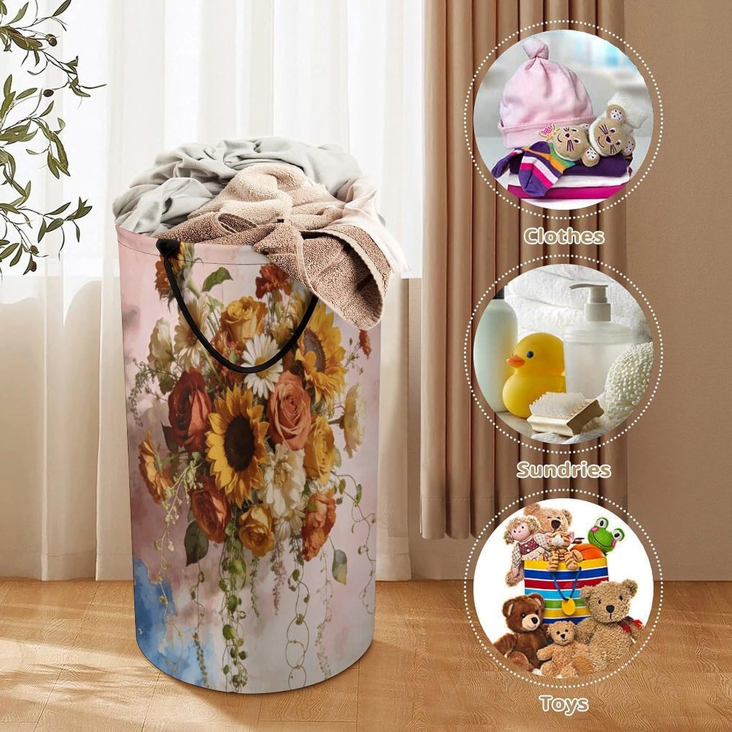 Boho Floral Laundry Hamper 86L Waterproof Collapsible Clothes Basket with Double Handles Freestanding Foldable Laundry Basket Large Clothes Hamper for Bathroom