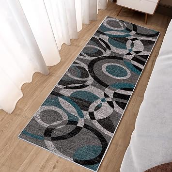 Washable Modern Blue Black Grey Runner Rug - 2x6 Feet Soft Faux Wool Rug Abstract Circles Line Design Runner Rugs for Hallway, Bedroom, Non-Slip Bedside Rugs 2'x6', Blue/Black/Grey