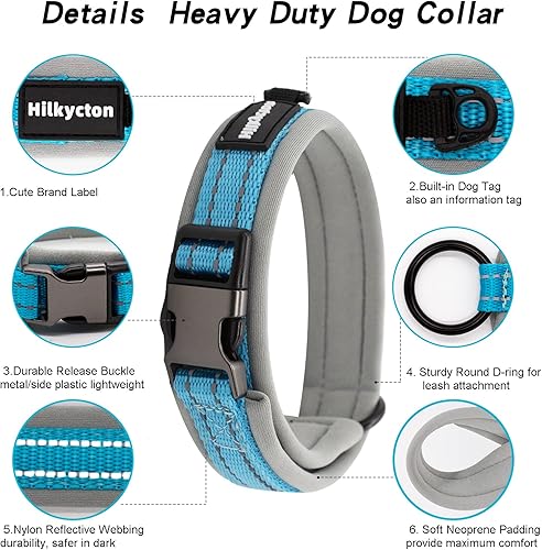 Miniatura 2 de Hilkycton Collares de nailon reflectante acolchado con neopreno suave, collares anchos ajustables y resistentes para mascotas, hebilla de cinturón