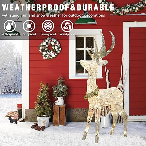 Miniatura 6 de EAMBRITE 48" 70LT pre-iluminado Navidad brillante renos con campana dorada y luz brillante al aire libre de malla de pie Buck ciervos decoraciones