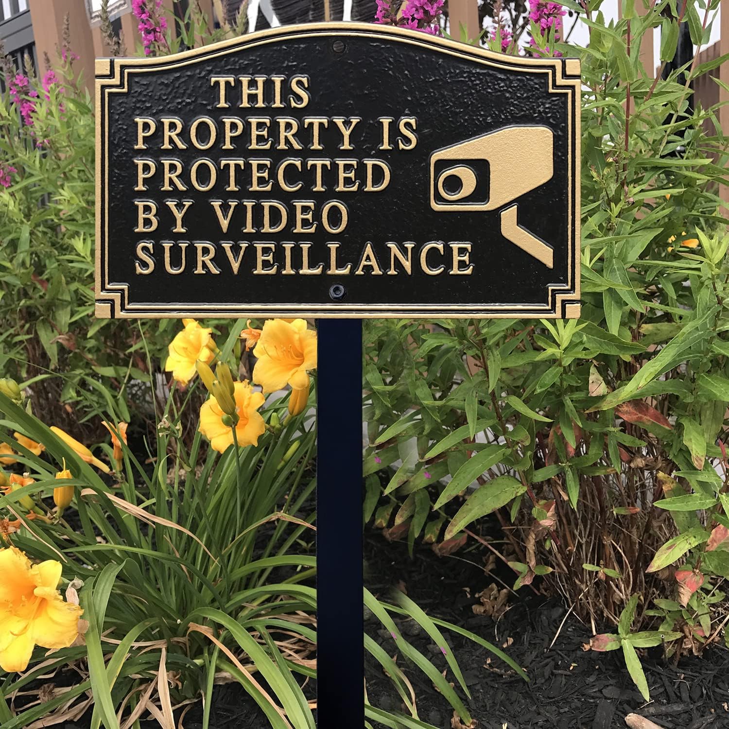 SmartSign 5.75 x 9.5 inch “This Property Is Protected By Video Surveillance” GardenBoss Statement Plaque with 18 inch Lawn Stake, 375 mil Rustproof Aluminum, Black and Gold, Set of 1, Made in USA