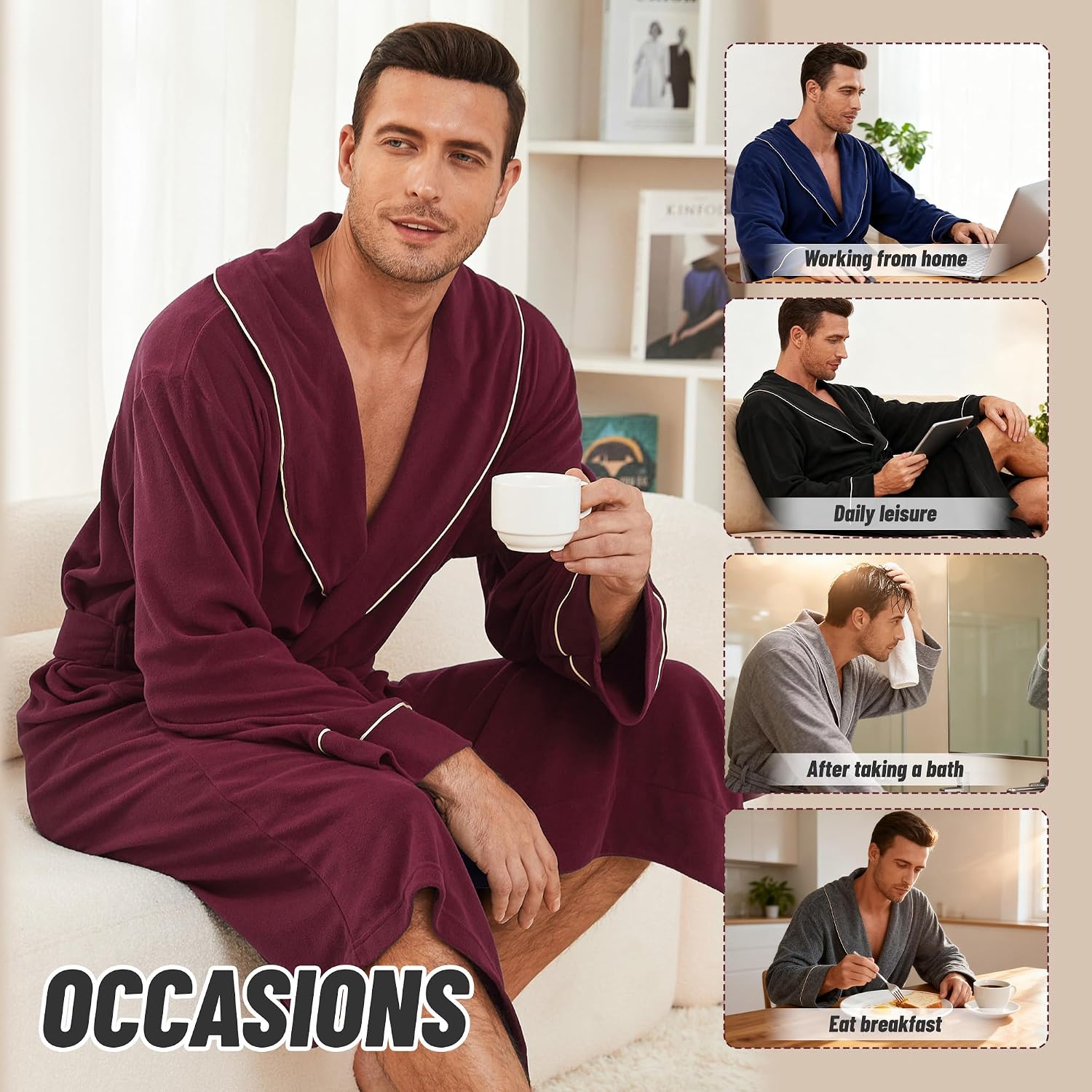 Men Lightweight Fleece Robe, Soft Long Shawl Collar Bathrobe for Men
