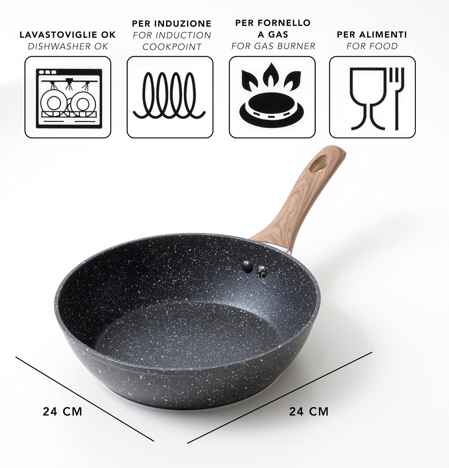 Non-Stick Pan for Pasta and Frying - Induction and Gas Stove - 24 cm - Non-Stick Aluminium Pan with Wooden Handle Saute Pasta, Fry Vegetables, Risotto