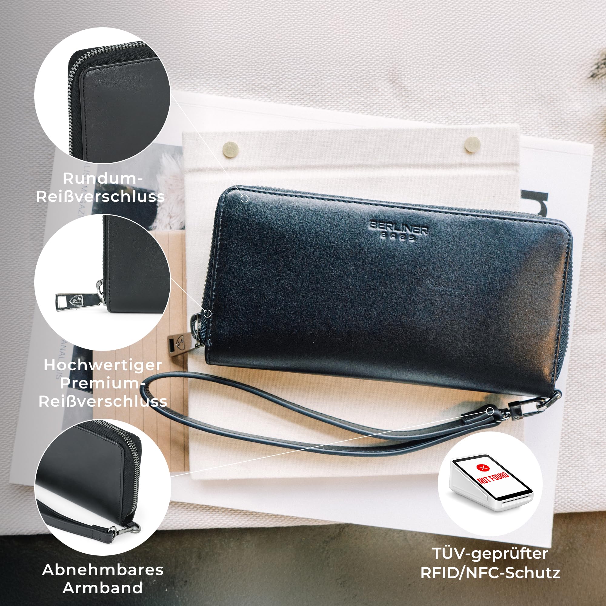 Berliner Bags Premium Geldbörse Lyon, Große Portemonnaie, Geldbeutel aus Leder, mit TÜV-geprüftem RFID-Schutz, inkl, Geschenk-Box, für Damen – Schwarz