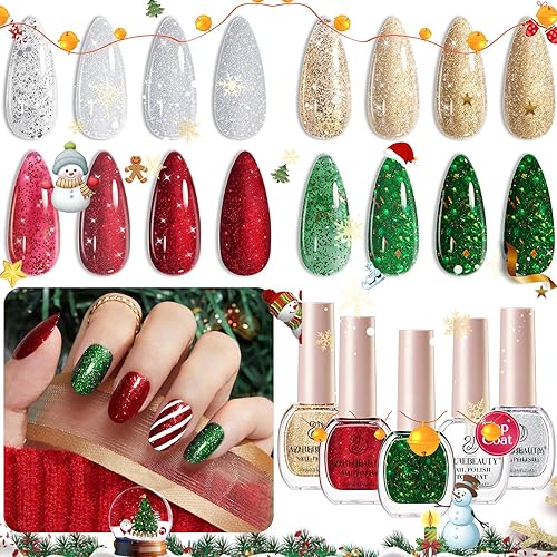AZUREBEAUTY Nail Polish Set, 4 Colors Christmas Glitter Red Green