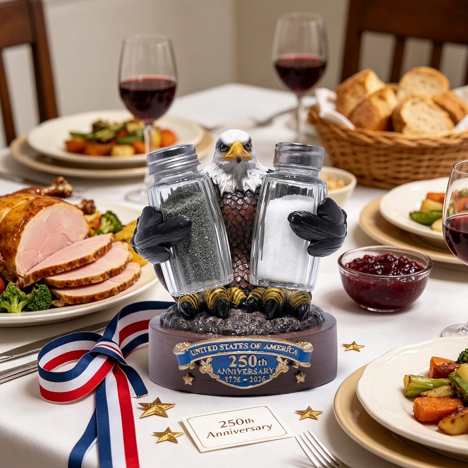Hodao 250th Anniversary American Eagle Salt and Pepper Shakers – Patriotic Bald Eagle Kitchen Decor, USA Independence Celebration Figurine for Countertop, Dining Table 4th of July Gift image 5