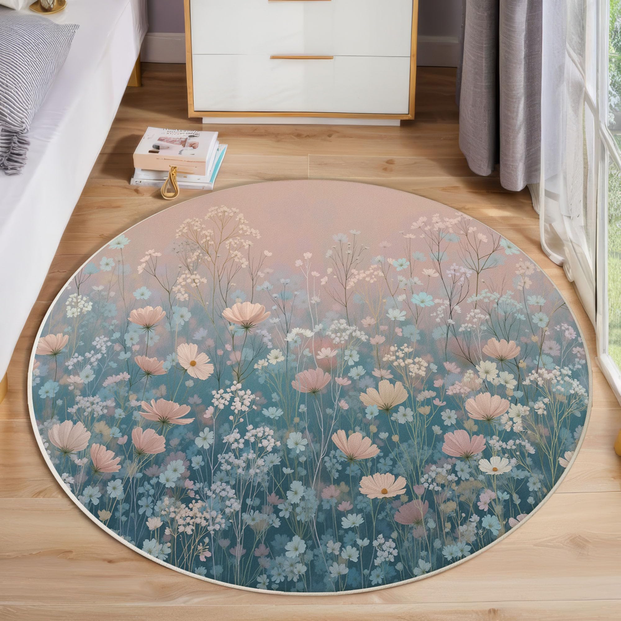 Tapis rond à poils courts de haute qualité motif plantes naturelles rose