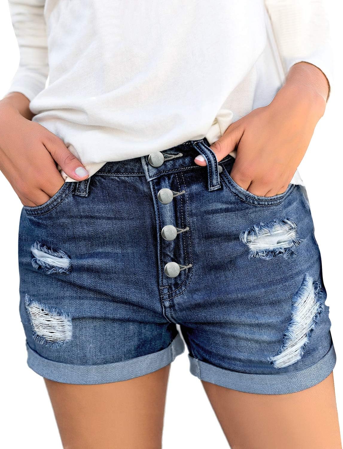 luvamia Women's Ripped High Waisted Denim Shorts Stretchy Cuffed Hem Jean Shorts