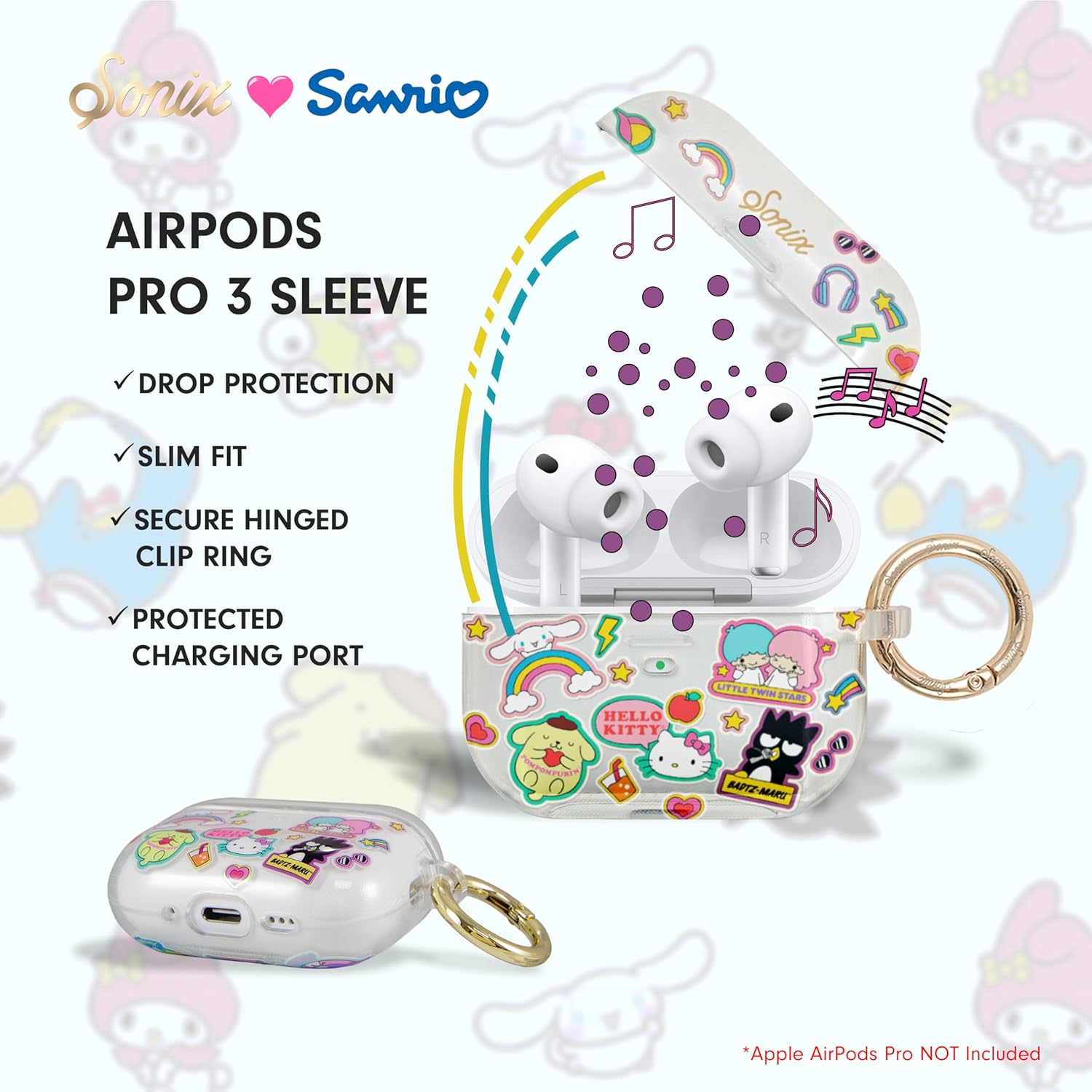 Sonix x Sanrio AirPods Pro 3 Protective Case - Hard Shell Cover with Luxe Keychain Clip - Compatible with 3rd Generation AirPods Pro | Hello Kitty Stickers