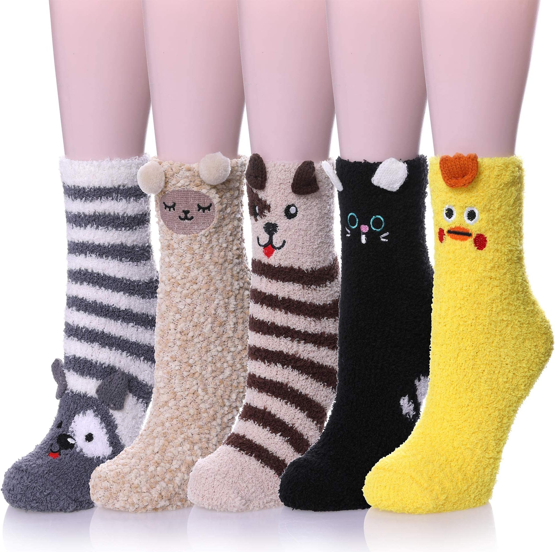 Fuzzy Animal Socks Bulk, 3D Cat Womens Soft Cute Funny Animal Design Microfiber Slipper Socks Cozy Fuzzy Winter Warm Socks, 5 Pack (White Color 5 pcs)