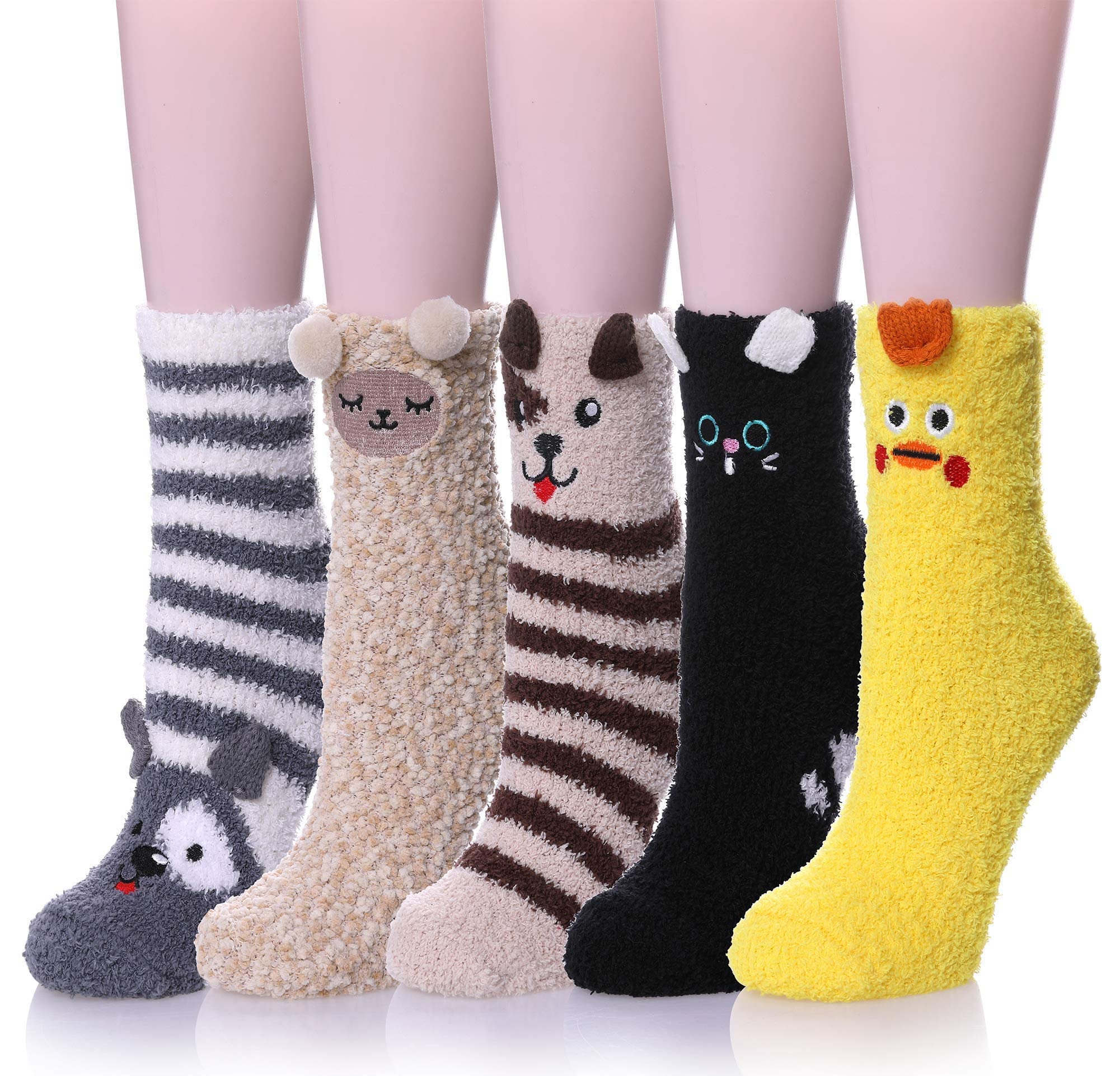 KASTWAVEFuzzy Animal Socks Bulk, 3D Cat Womens Soft Cute Funny Animal Design Microfiber Slipper Socks Cozy Fuzzy Winter Warm Socks, 5 Pack (White Color 5 pcs)