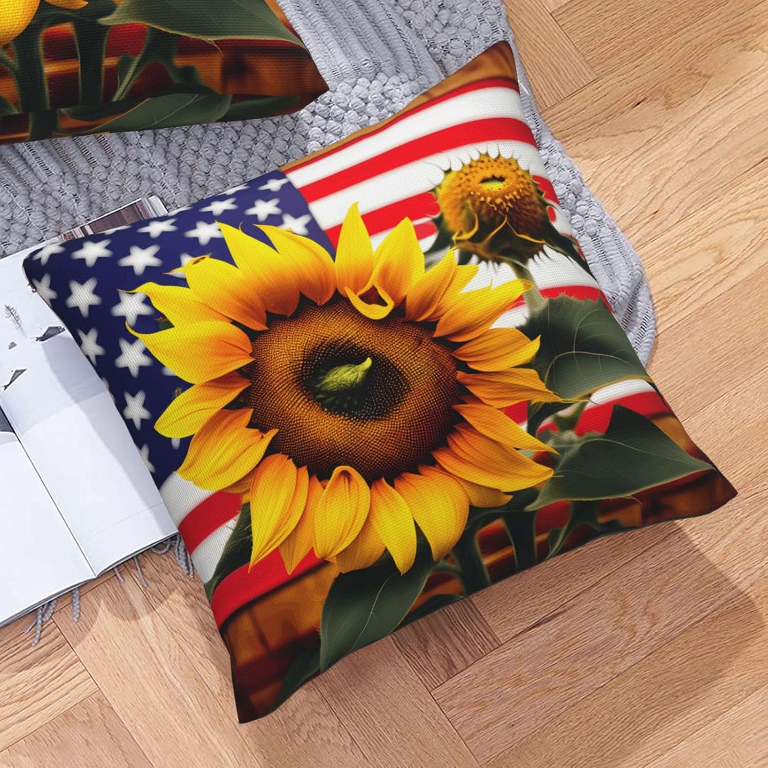 Sunflower and American Flag Imitation Linen Pillowcase -2 Sets, Fashionable Home Decoration, Used for Sofas, Gardens, beds