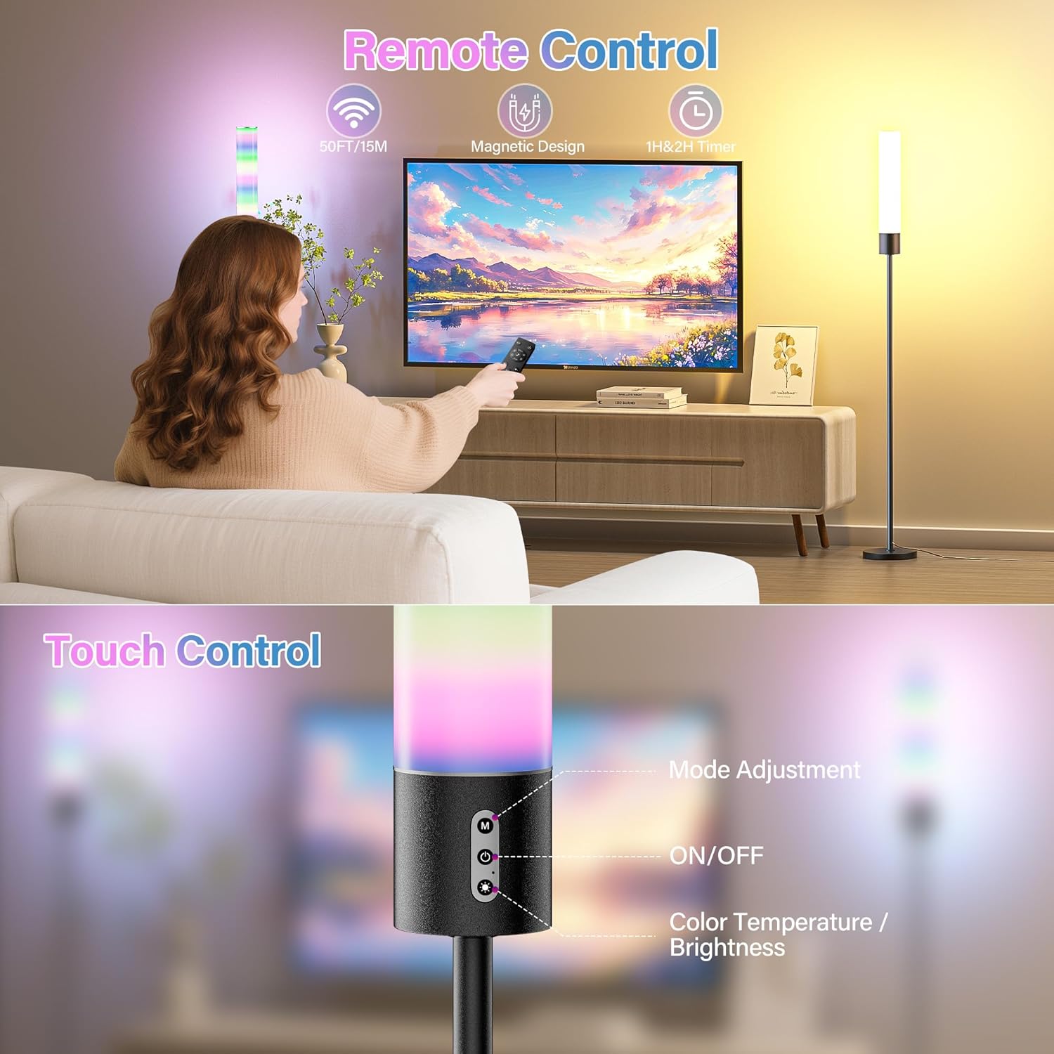 18W Dimmable Led Floor Lamp with Remote Control, 1600LM Ultra Bright Standing Tall Lamp, Modern Corner Lamps with RGB for Living Room, Bedroom, Gaming