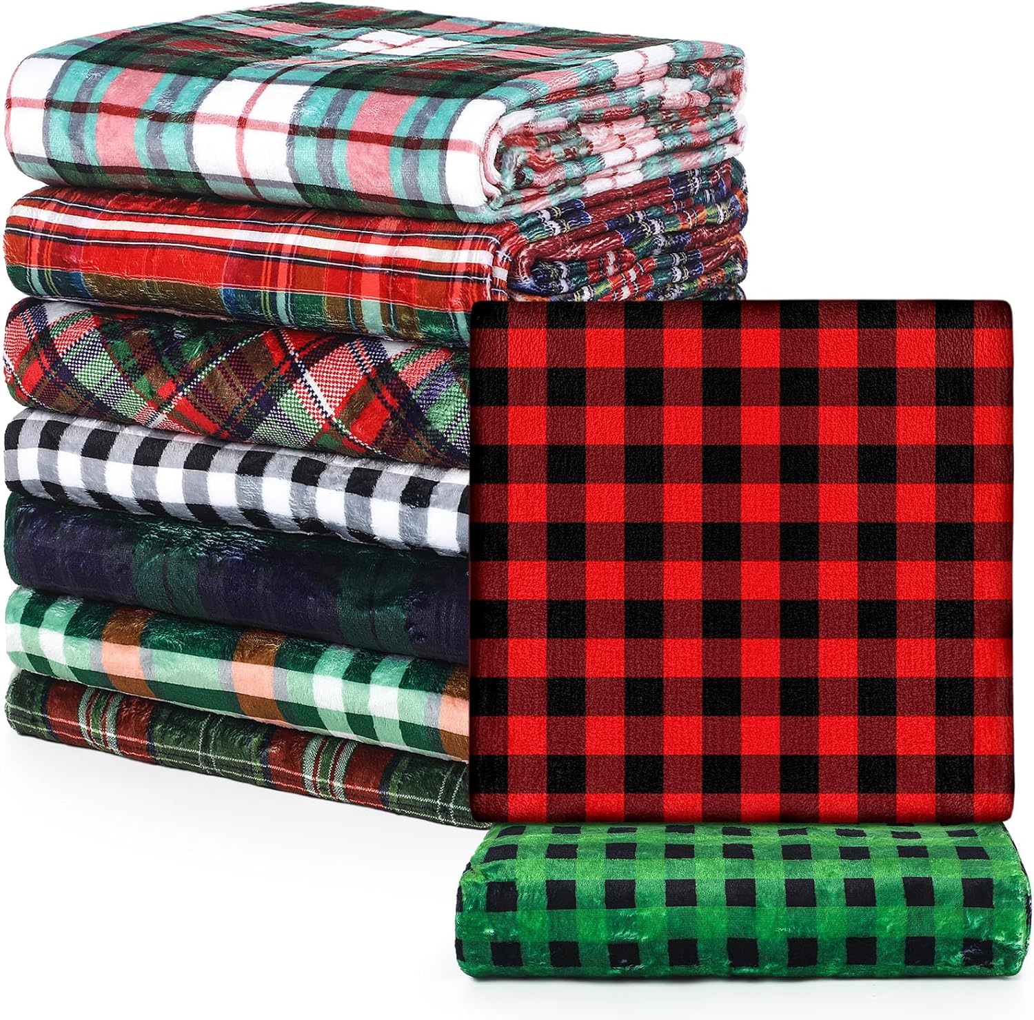 Preboun 9 Pcs Christmas Plaid Throw Blankets Bulk, 50" x 60" Soft Fleece Blanket, Red Green Holiday Checkered Flannel Blanket for Winter Bedding, Couch and Gifts