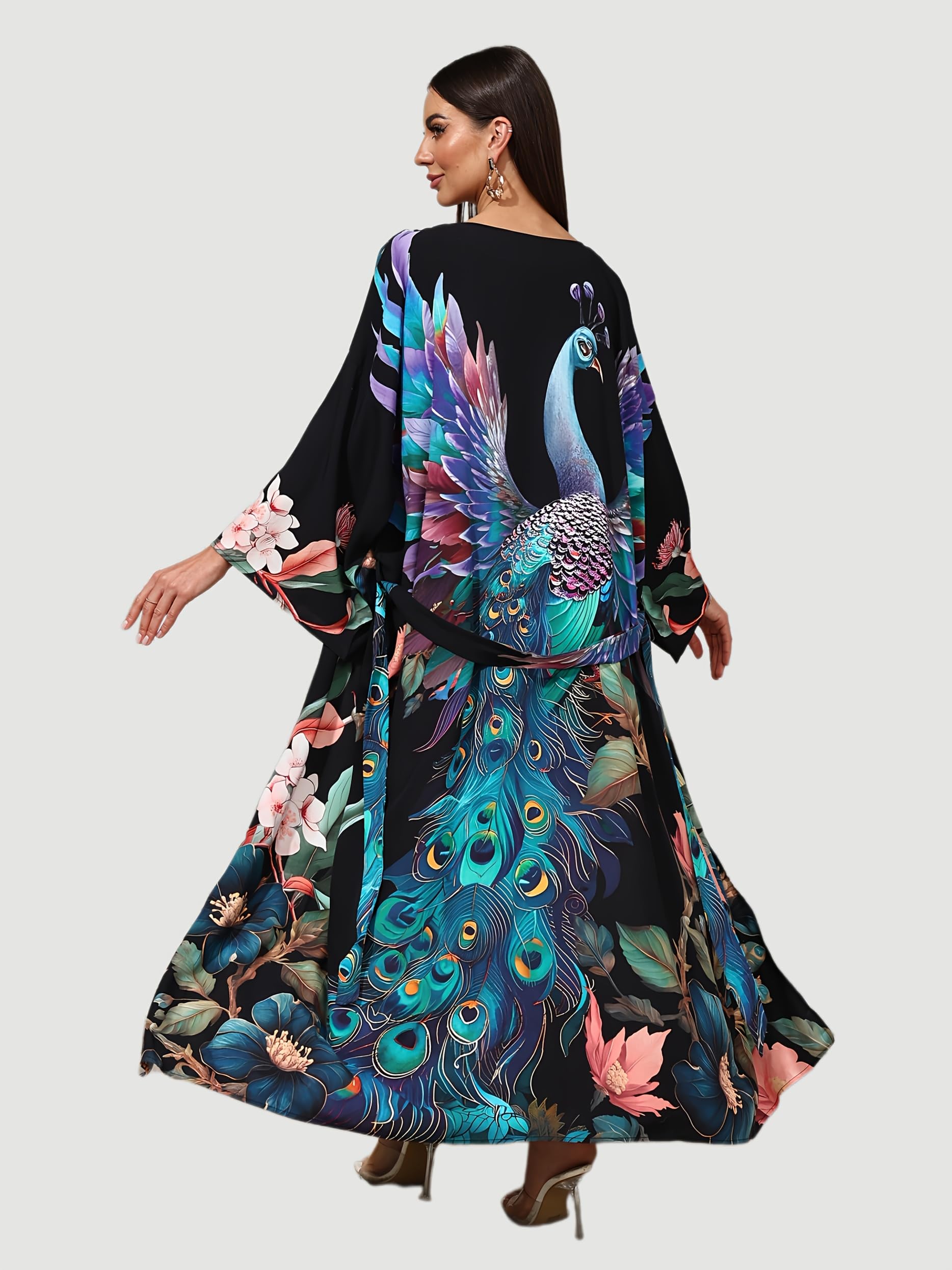 Traje de baño para mujer, batas largas de kimono, estampado de flores, bohemio, playa, verano, vacaciones, pareo