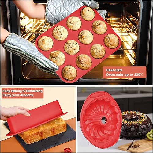 Miniatura 7 de Aschef Juego de moldes de silicona antiadherente 9 en 1 para horno, sin BPA, resistentes al calor, para pan, pizza, tarta, queso, cupcake, pastel,