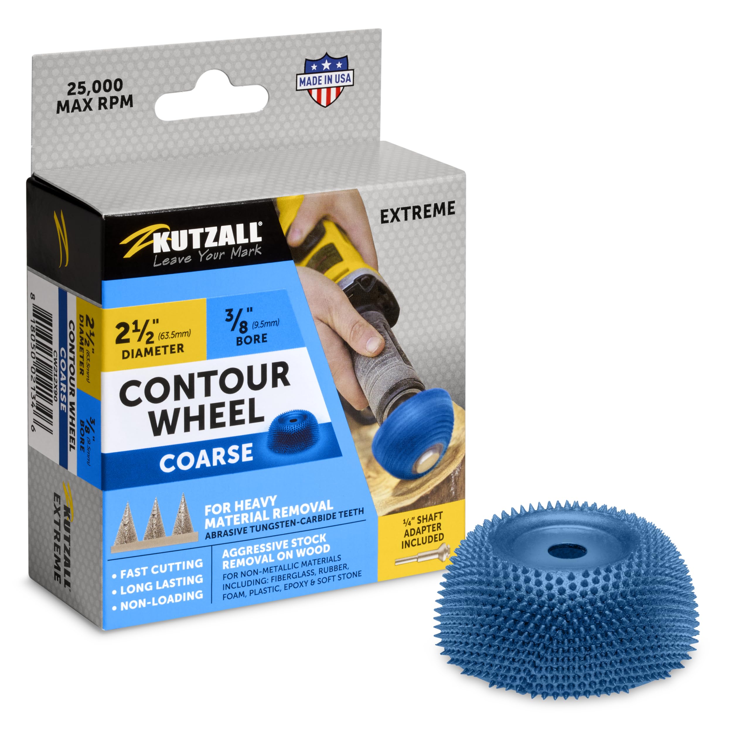 Kutzall Extreme Contour Wheels CW212X90 - Smerigliatrice per intaglio del legno, diametro 63,5 mm, foro da 9,5 mm, grossolana, rivestimento in carburo di tungsteno, utensile per smerigliatrice per