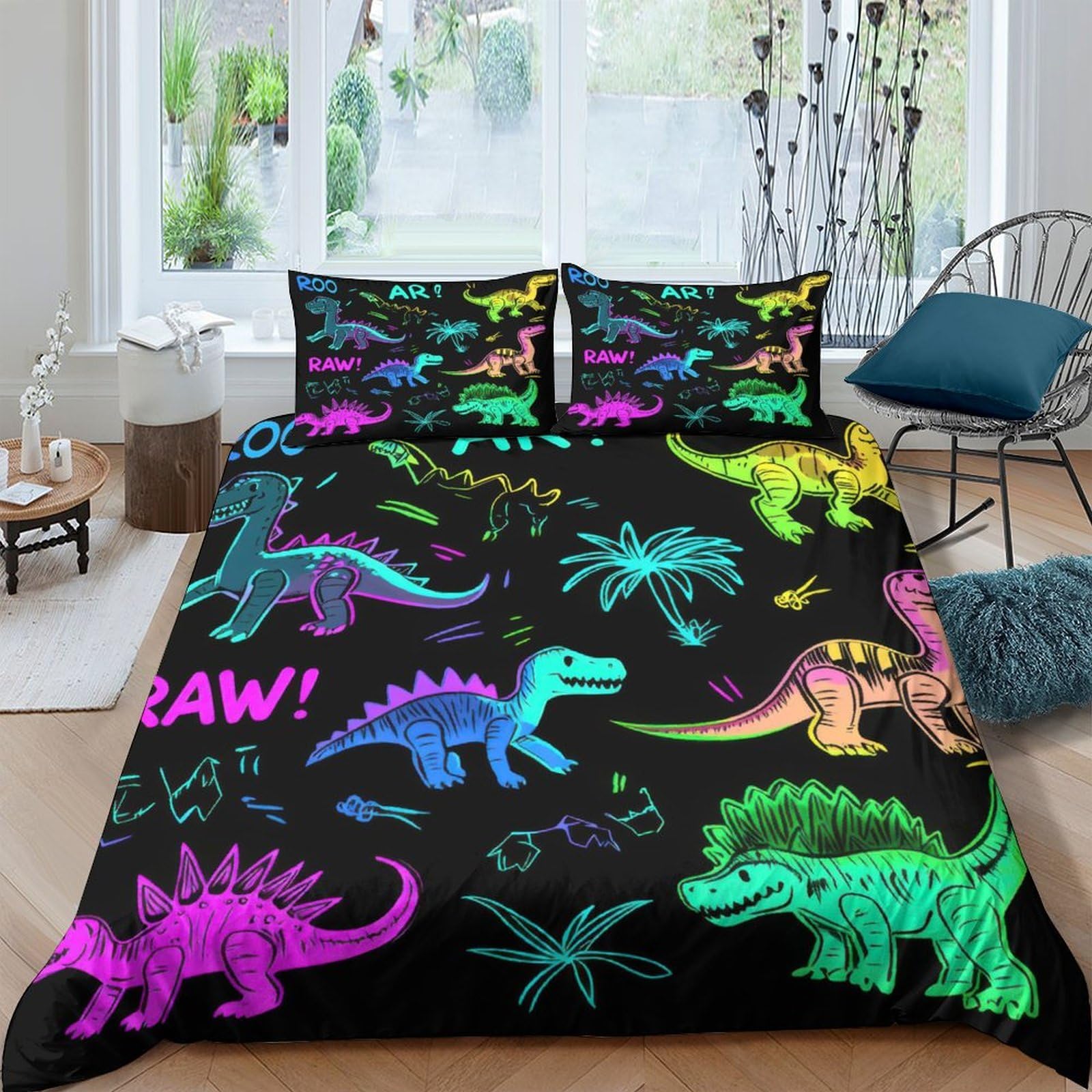 GPLZQXKJNH 3D Printed Neon Dinosaur Duvet Cover Set Microfiber Soft Breathable Black Bedding Set with 2 Pillowcases for Bedroom Decor Single（135x200cm）
