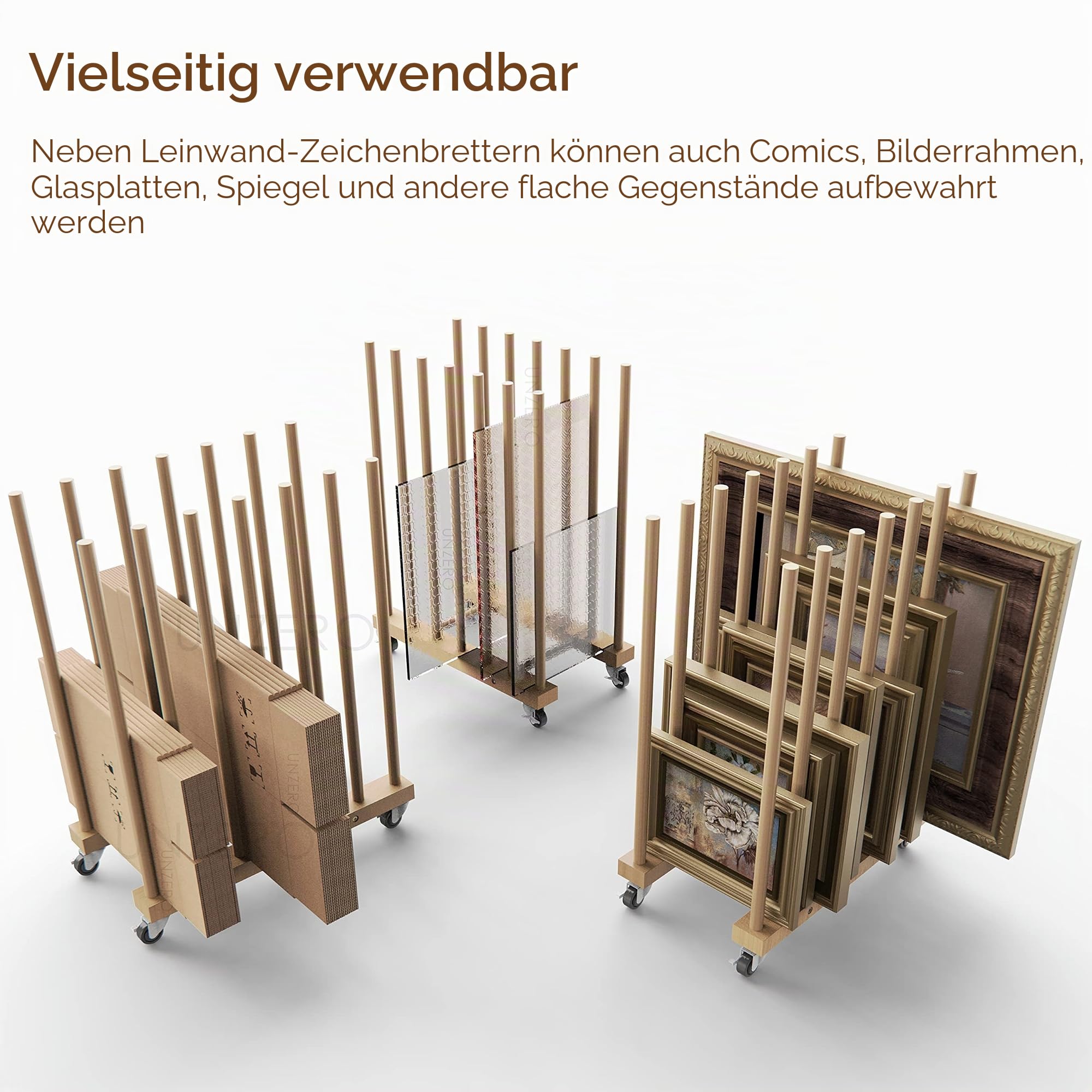 Kunstregal mit Lenkrollen, Holzständer für Leinwand, Panel, Rahmen, Zeichenbrett, Drucksachen, Papierblock, Trägerplatte
