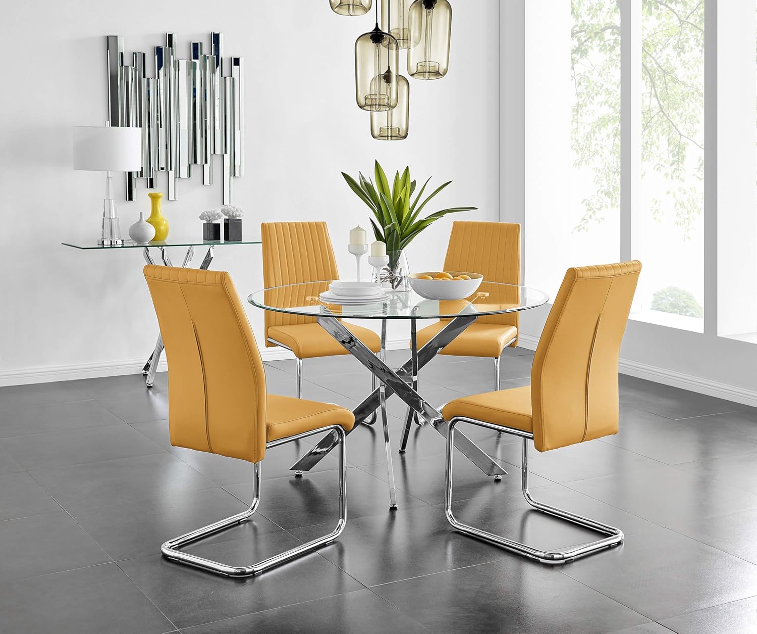 Buy Novara Modern Stylish Large Round Chrome Metal and Clear Glass Dining Table and 4/6 Premium