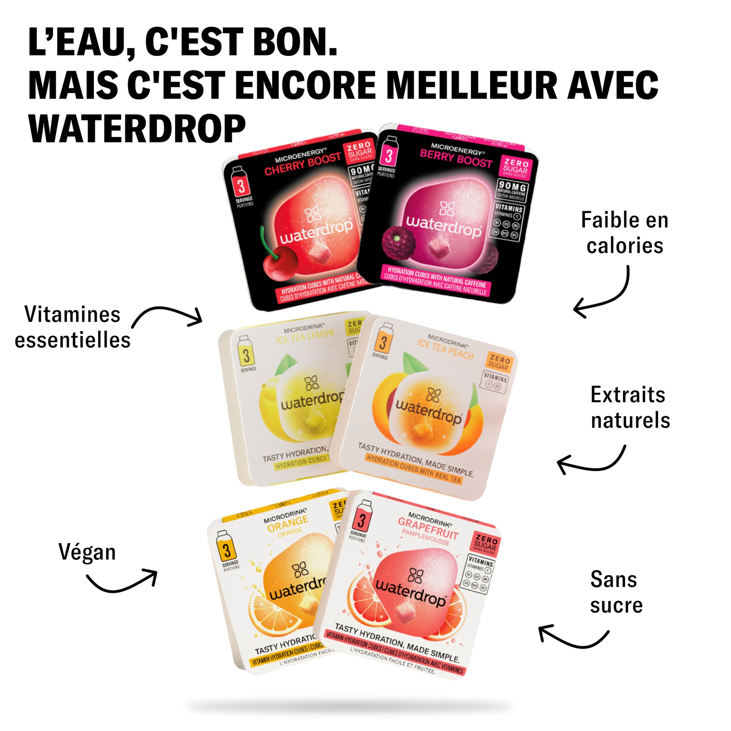 waterdrop® Coffret Dégustation Verre - Bouteille en Verre 600ml + 18 Cubes à Boire en 6 Saveurs, Boisson en Cube avec Vitamine C & Vitamine B, Sans Sucre, Gourde d'Eau, Coffret Cadeau Femme & Homme
