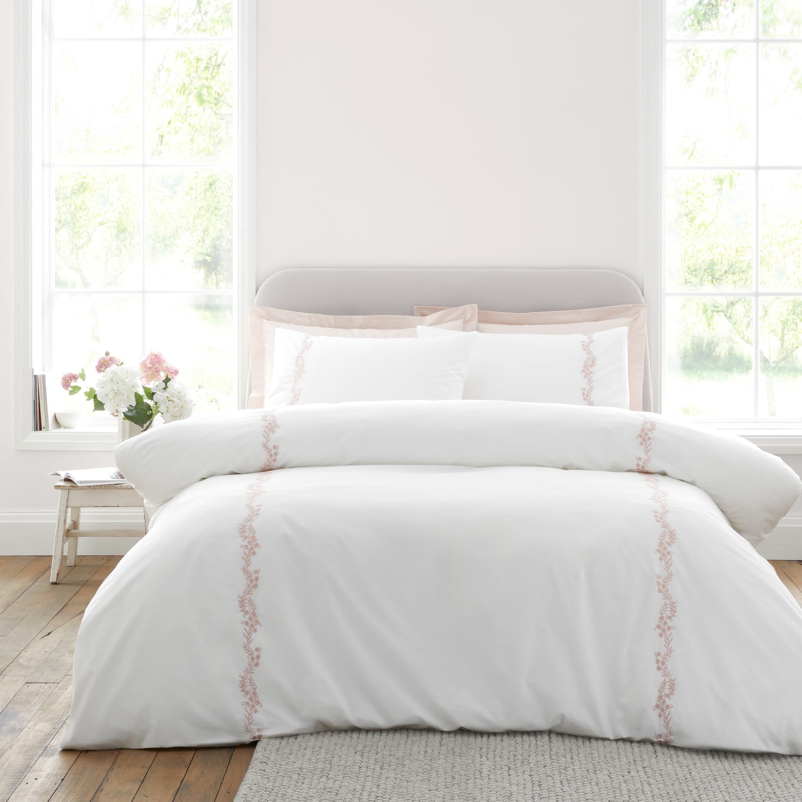 Bianca Camille Embroidered Floral 200 Thread Count Cotton Single Duvet Cover Set with Pillowcase White/Pink