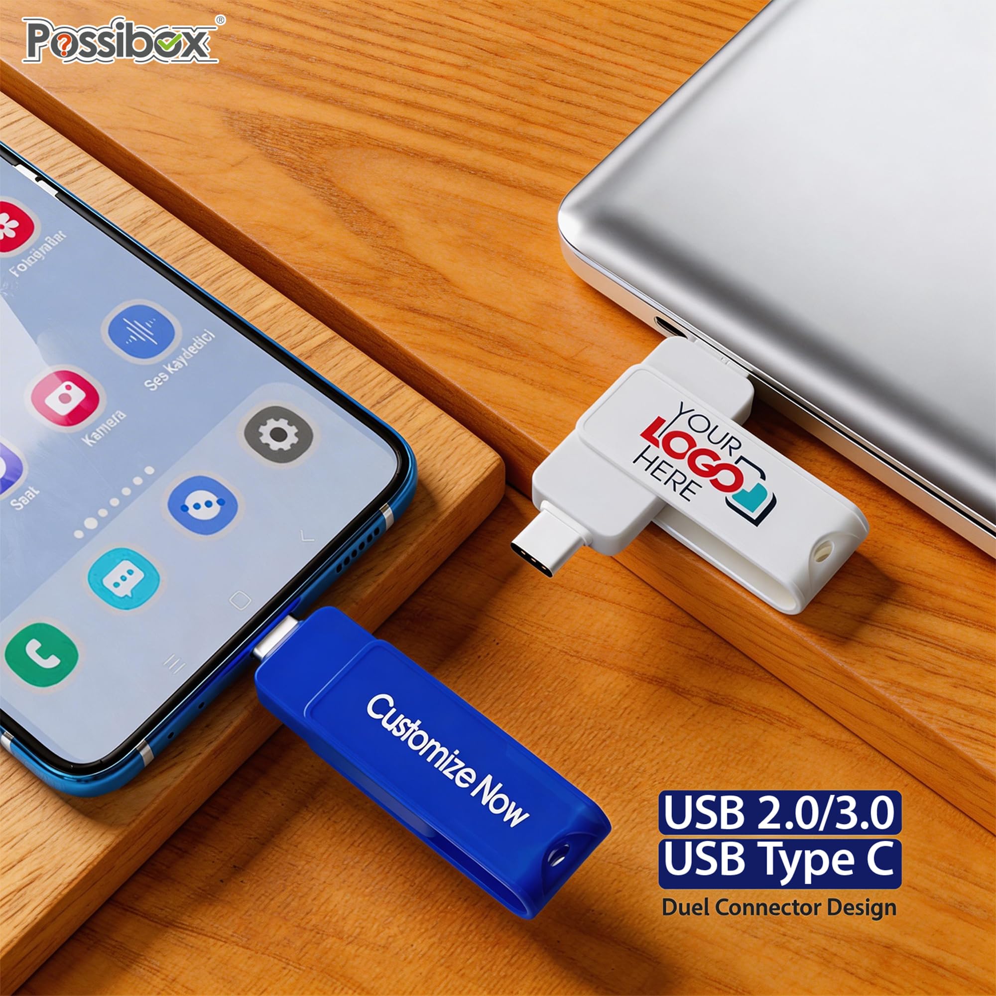 Lot de 50 clés USB de type C et USB de type A personnalisées 2 en 1 en vrac - Logo personnalisé imprimé