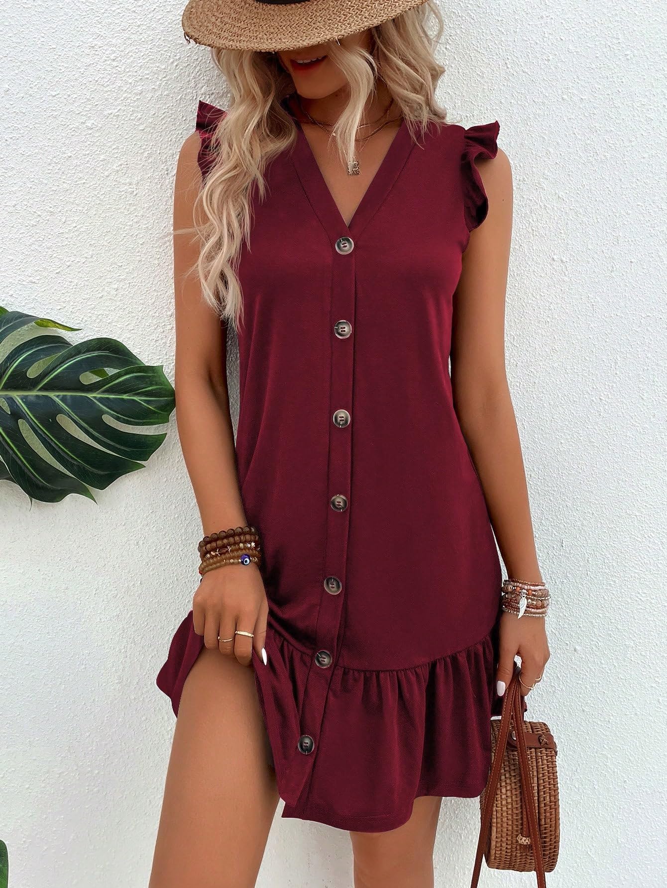 Women's Dresses Ruffle Trim Button Front Smock Dress