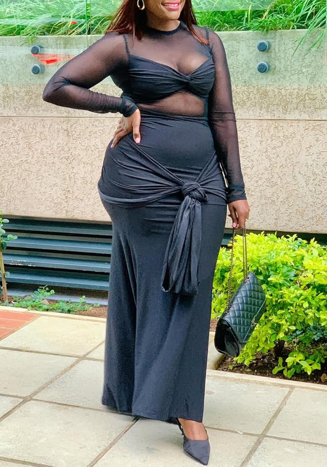 Women’s Elegant Long Sleeve Mesh Maxi Dress Sexy Knot Ruched Bodycon Evening Club Party Cocktail Long Dresses - Image 5