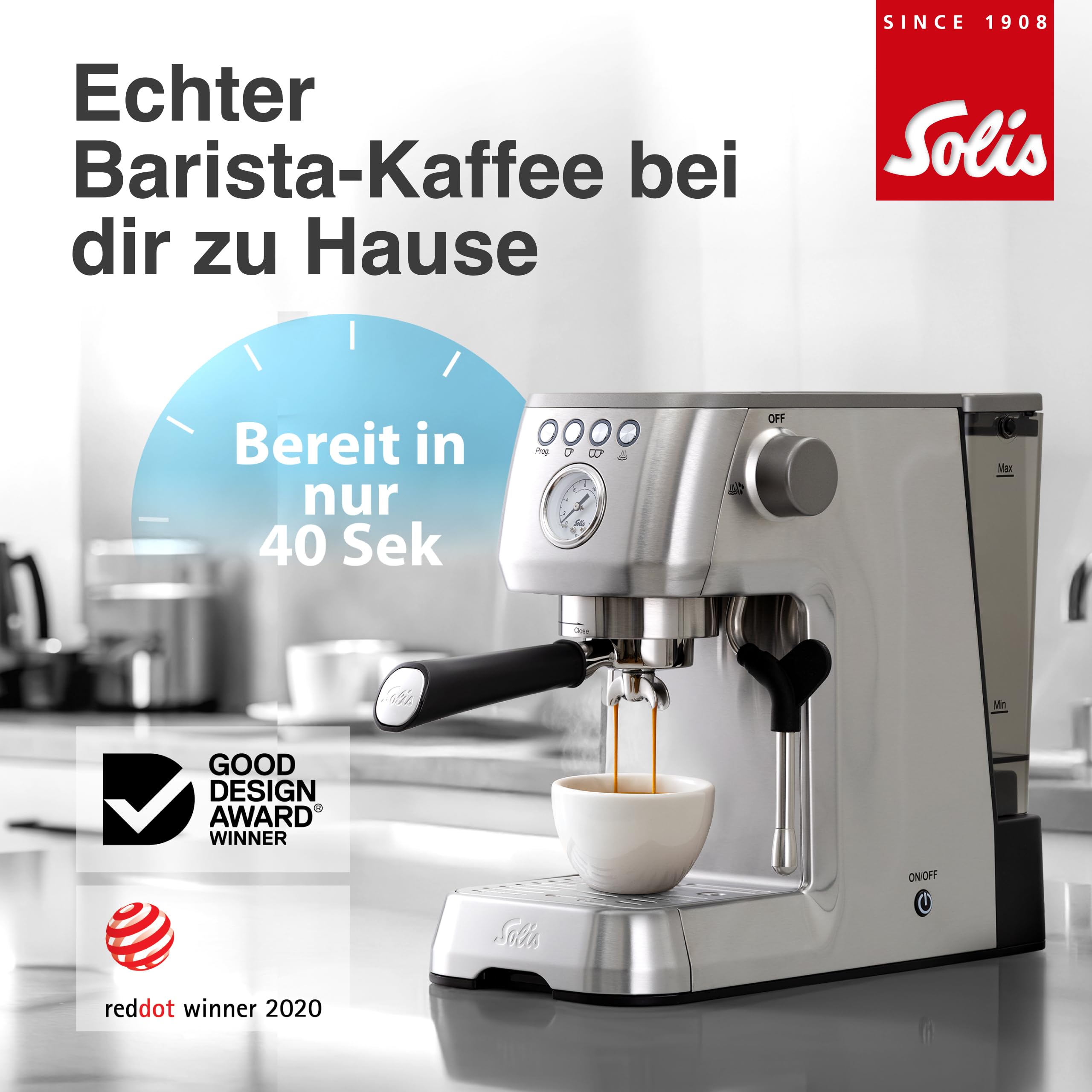 Solis Barista Perfetta Plus Espressomaschine, Halbautomatische Kaffeemaschine mit Milchschäumer, Programmierbare Kaffeemaschine mit abnehmbaren Wassertank, Heißwasser- und Dampffunktion, Silber