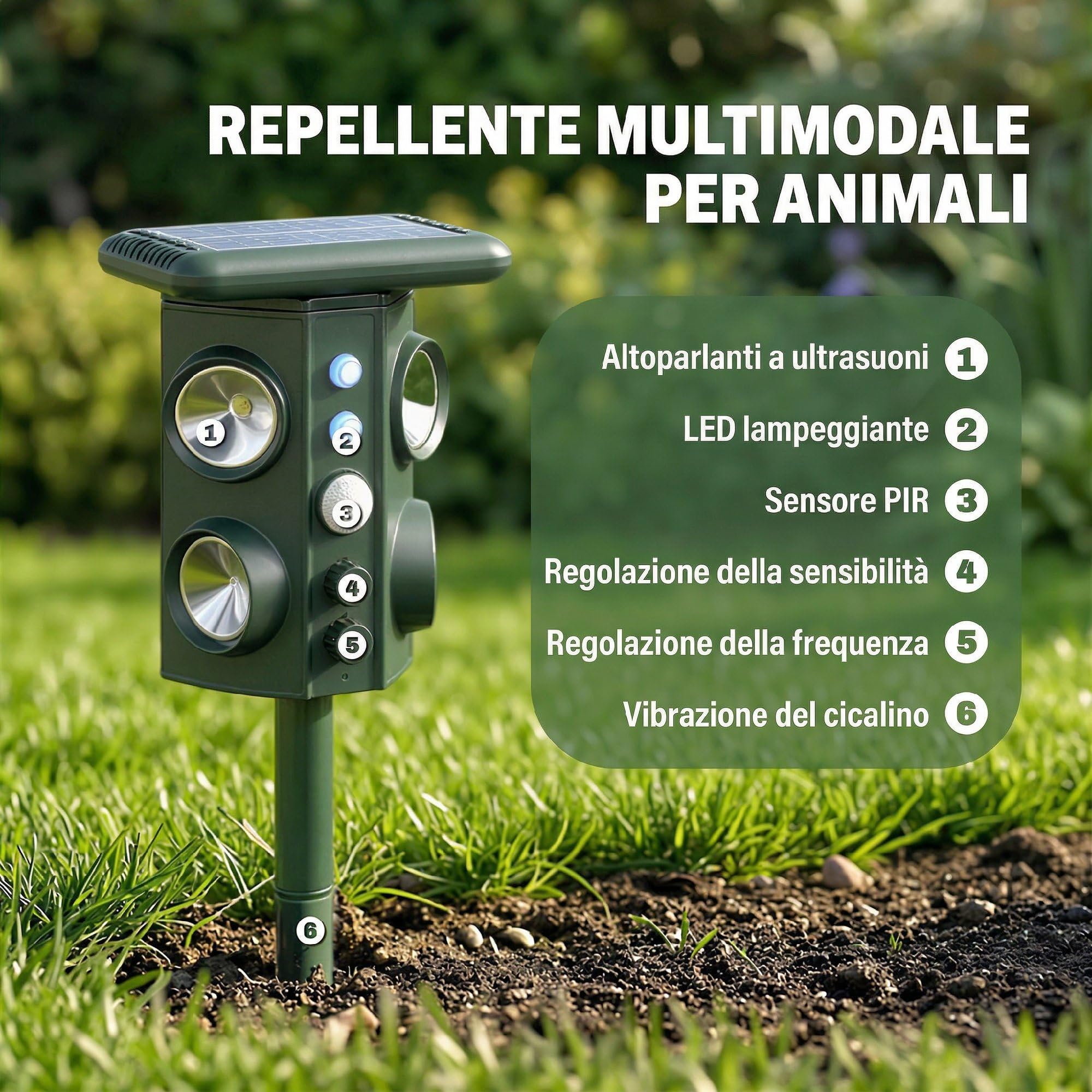 Outsunny Repellente Gatti Ultrasonico Solare Dissuasore per Gatti | 5 Modalità PIR, Flash LED, 110°, IPX4 Impermeabile, 4 Altoparlanti per Animali