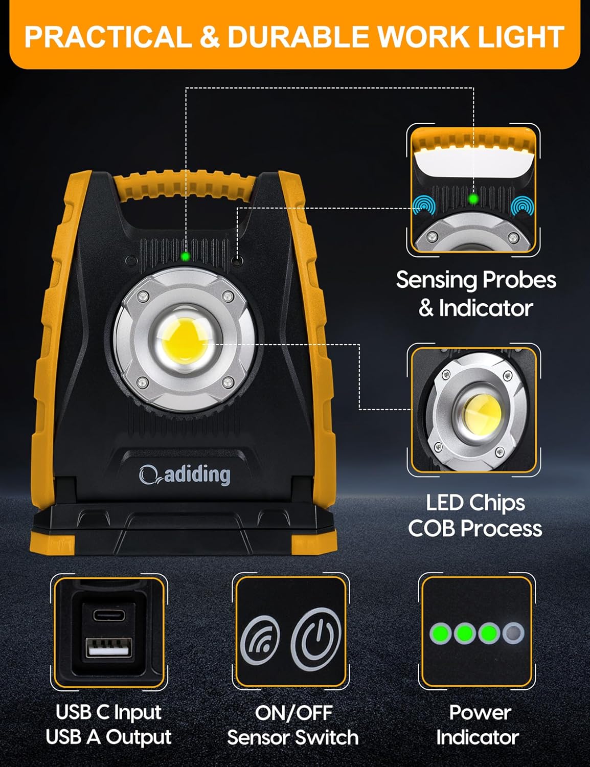 Adiding Rechargeable LED Work Light 4400mAh - Portable Flood Light With Sensor & 360 Rotation Magnetic Base for Repairing, Inspection, Garage, Camping