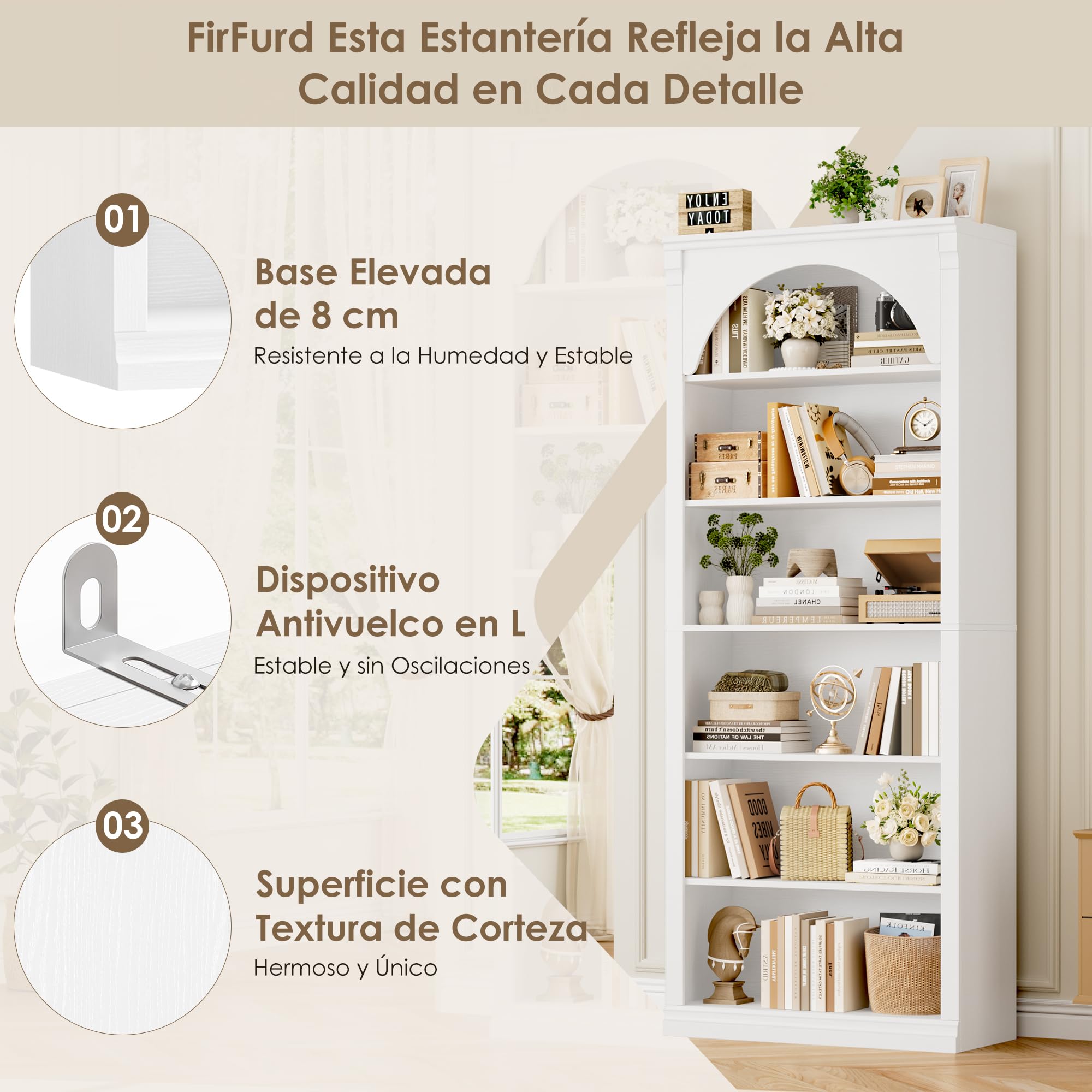 FirFurd Estanteria Libros Libreria Estanteria Arqueada, Librería, 6 Niveles | Librerías de Salón, Diseño Arqueado, Mueble de Almacenaje para Salón, Dormitorio y Estudio 75x28x186cm Blanco