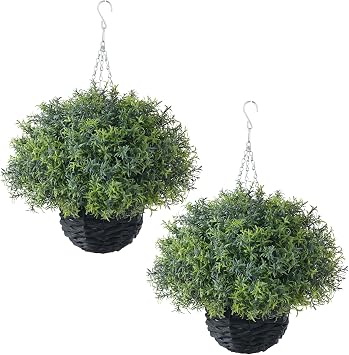 2Set 18" Artificial Rosemary Hanging Basket for Front Porch Outdoor Green | No Assembly Needed, with Basket, UV Resistant & Waterproof, Faux Hanging Shrubs Plants, for Eaves Farmhouse Garden Decoration
