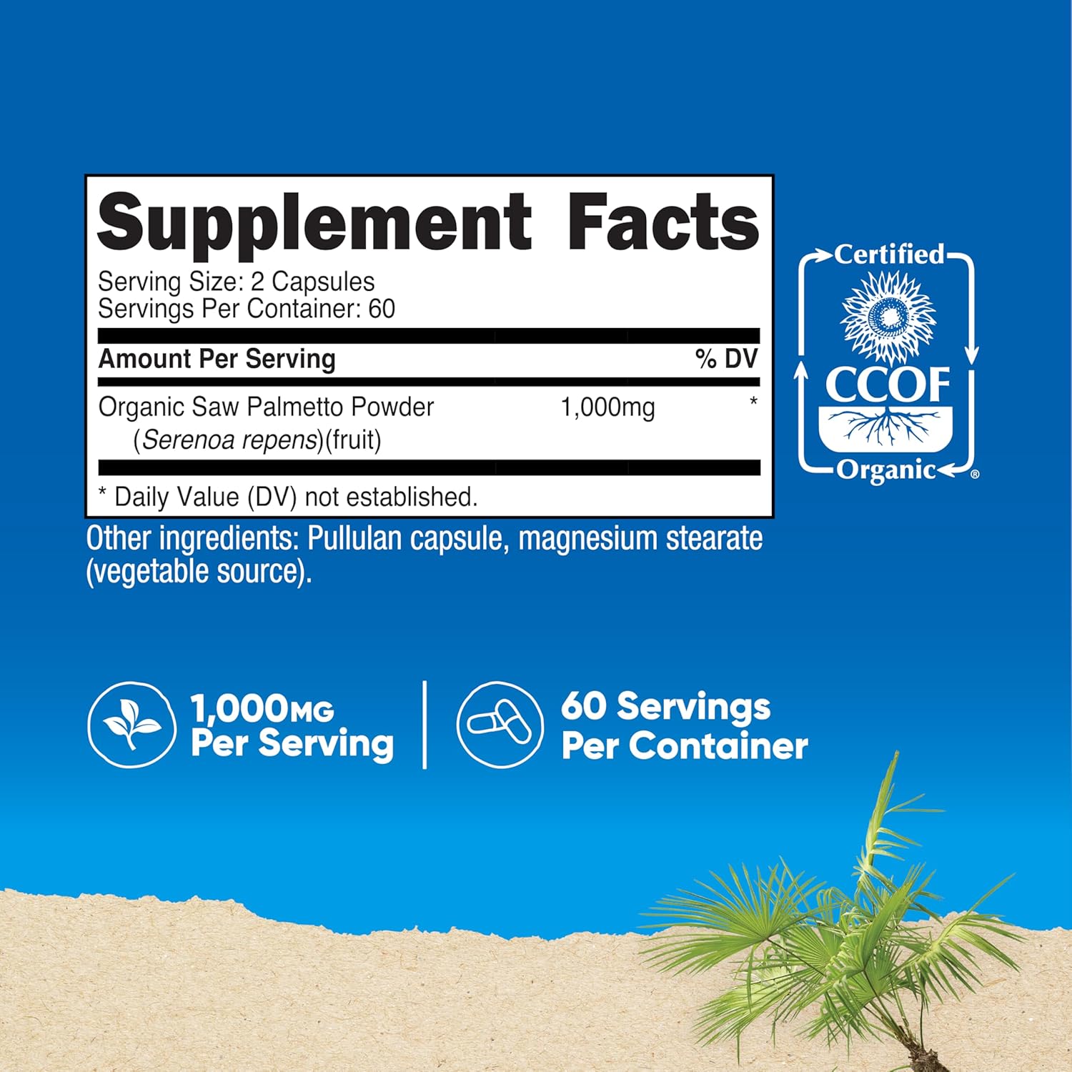 Nutricost Saw Palmetto 1000mg, 120 Capsules - CCOF Certified Made with Organic Saw Palmetto, Vegetarian Friendly, 60 Servings, 500mg Per Capsule, Gluten Free - Image 2