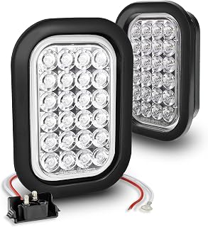 TRUE MODS 2pc White 5" x 3" Rectangular LED Trailer Tail Light Kit [DOT FMVSS 108] [SAE (2) R] [Grommets/Plugs] [Submersible] [Back-Up/Reverse] [24 LED] Brake Lights for Tow Truck 80 Inch Wide Trailer