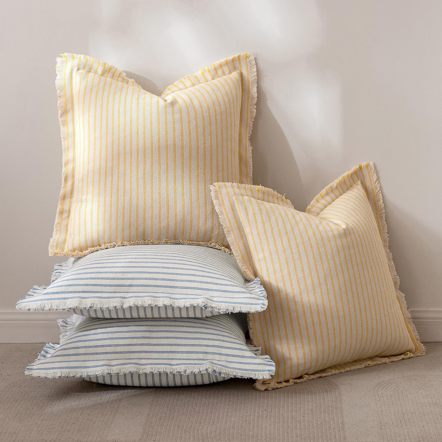 MIULEE Pack of 2 Light Blue Pillow Covers 18x18 Inch Striped Farmhouse Couch Spring Spring Throw Pillow Covers with Fringe Chic Cotton Decorative Cushion Covers for Sofa Living Room Bed Home Decor - Image 4