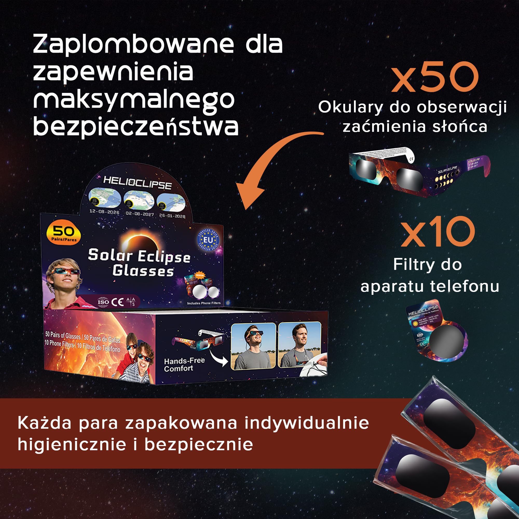 Helioclipse 6/12/25/50/100 szt. Okulary do oglądania zaćmienia Słońca 2026 - Zaufane do bezpośredniego oglądania zaćmienia Słońca - Certyfikat ISO 12312-2